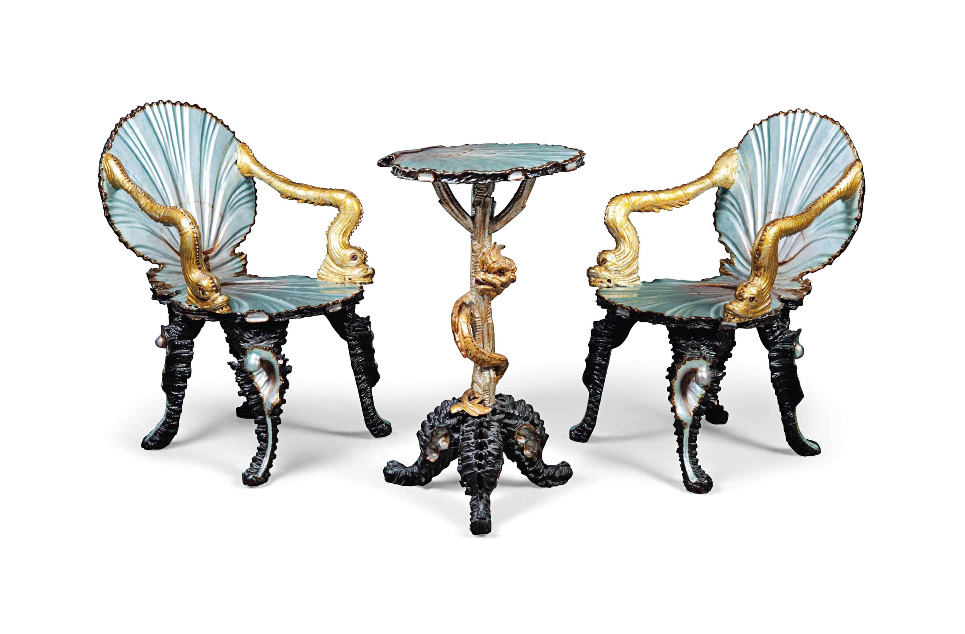 A PAIR OF VENETIAN SILVERED AND DECORATED GROTTO ARMCHAIRS