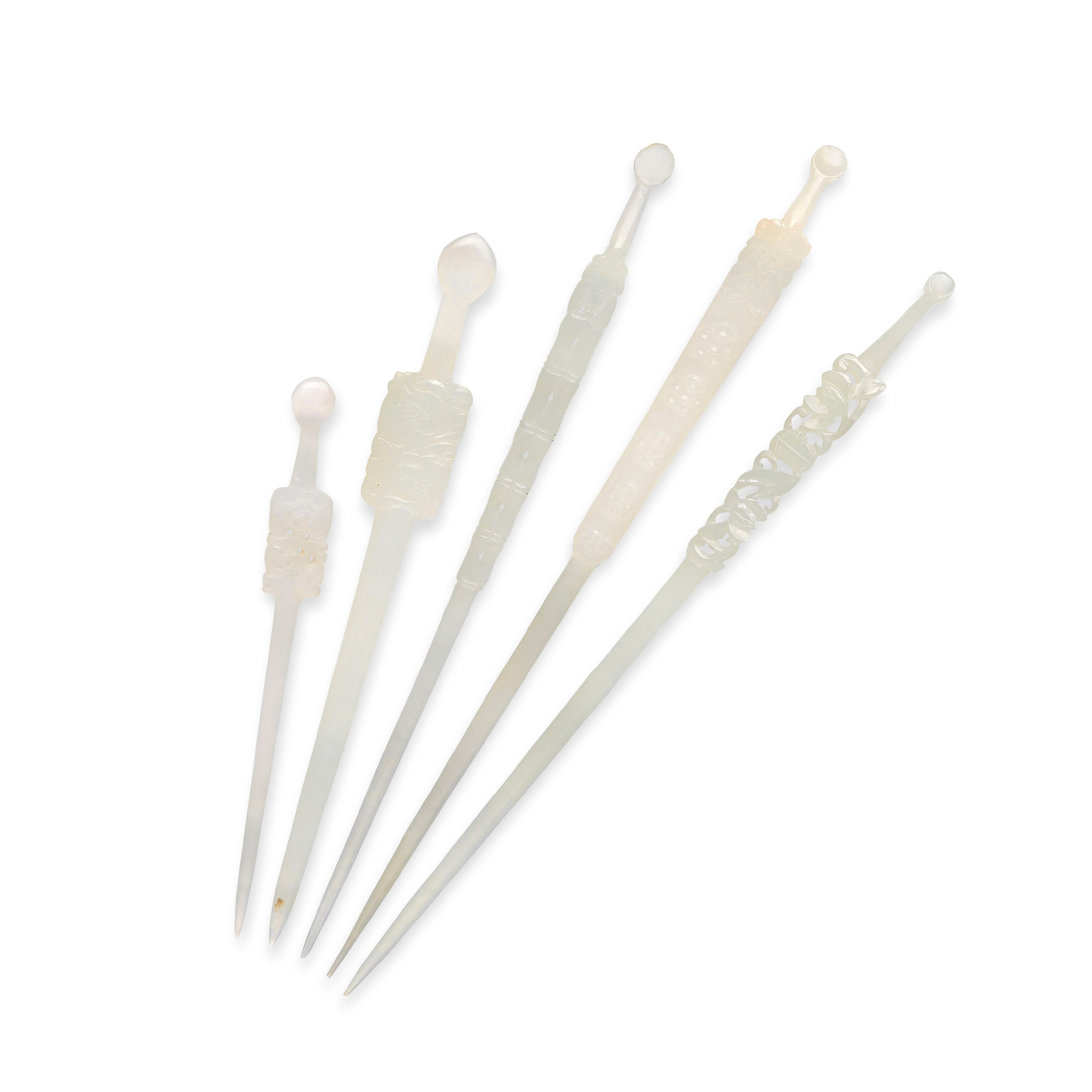 FIVE NEPHRITE HAIRPINS