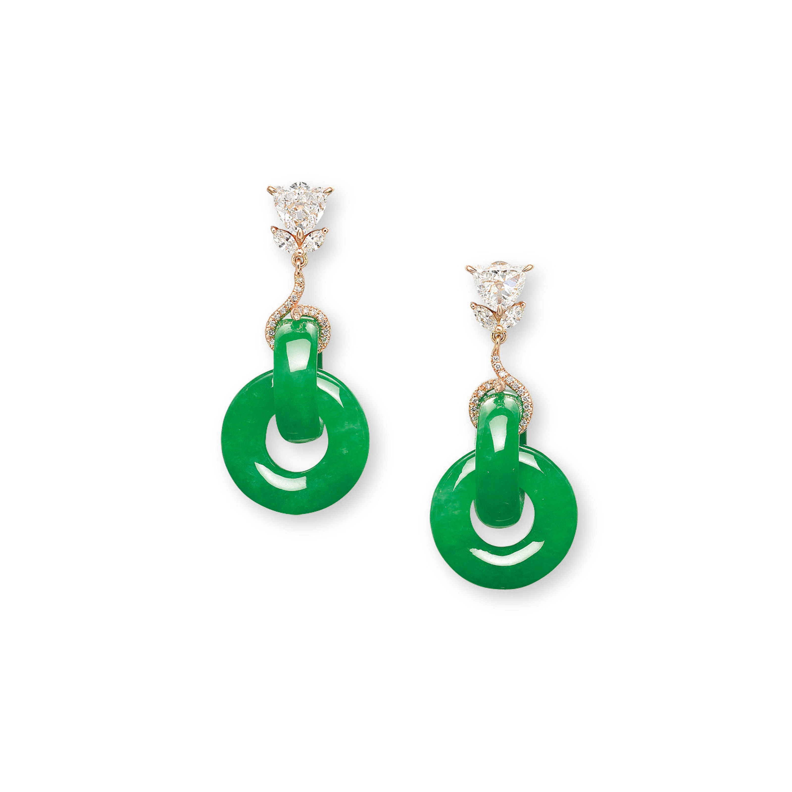 A PAIR OF JADEITE AND DIAMOND EAR PENDANTS