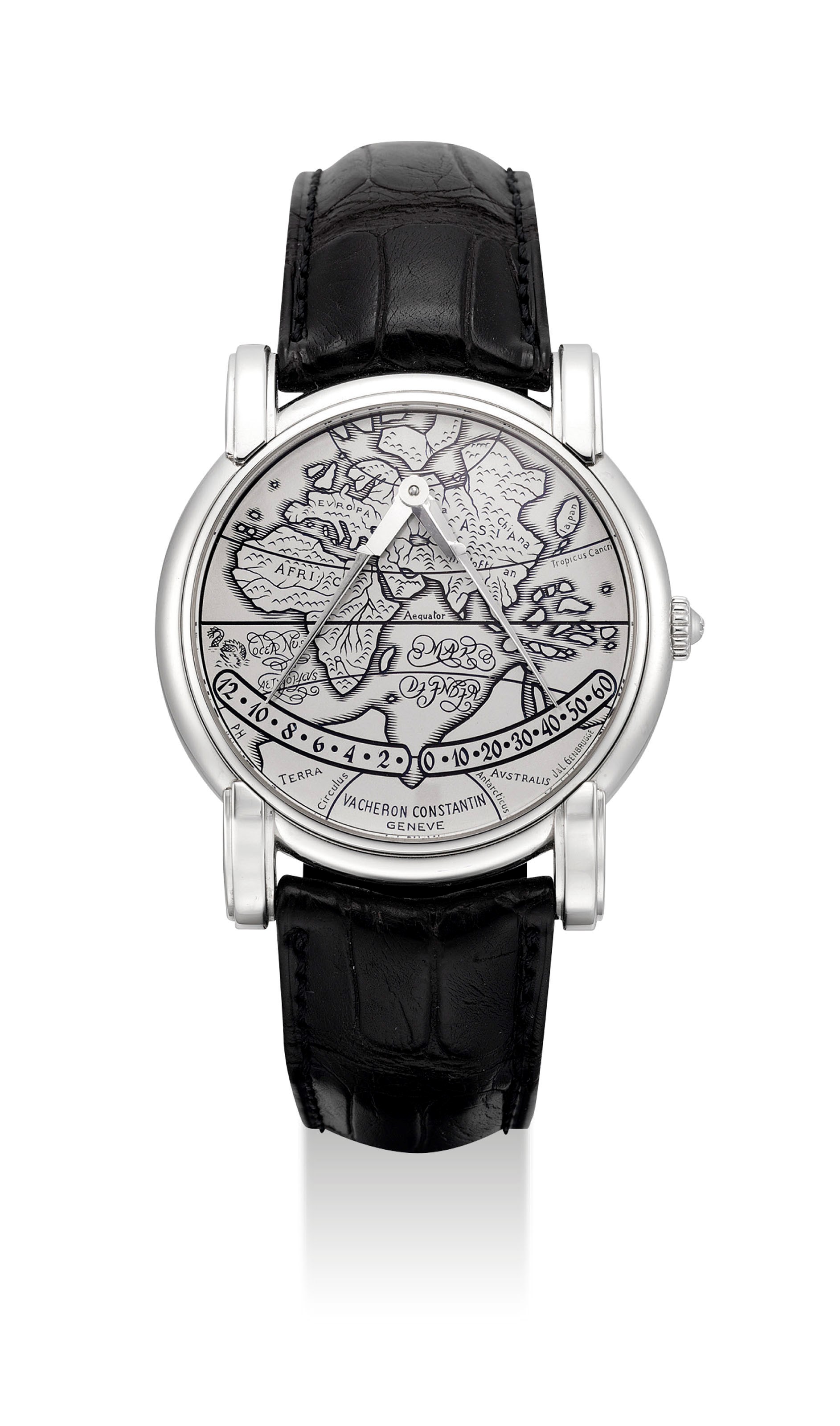 VACHERON CONSTANTIN. A FINE AND RARE PLATINUM AUTOMATIC DOUBLE RETROGRADE WRISTWATCH DEPICTING THE MAP OF EUROPE, AFRICA AND ASIA