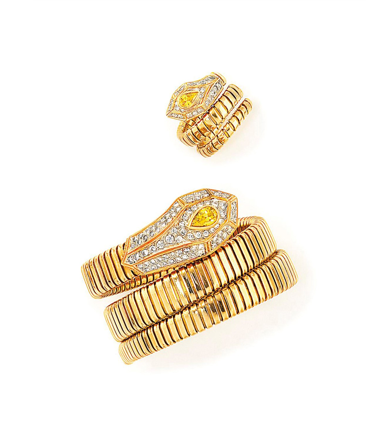 A DIAMOND AND TREATED DIAMOND SERPENT BANGLE AND RING, BY TRABUCCO