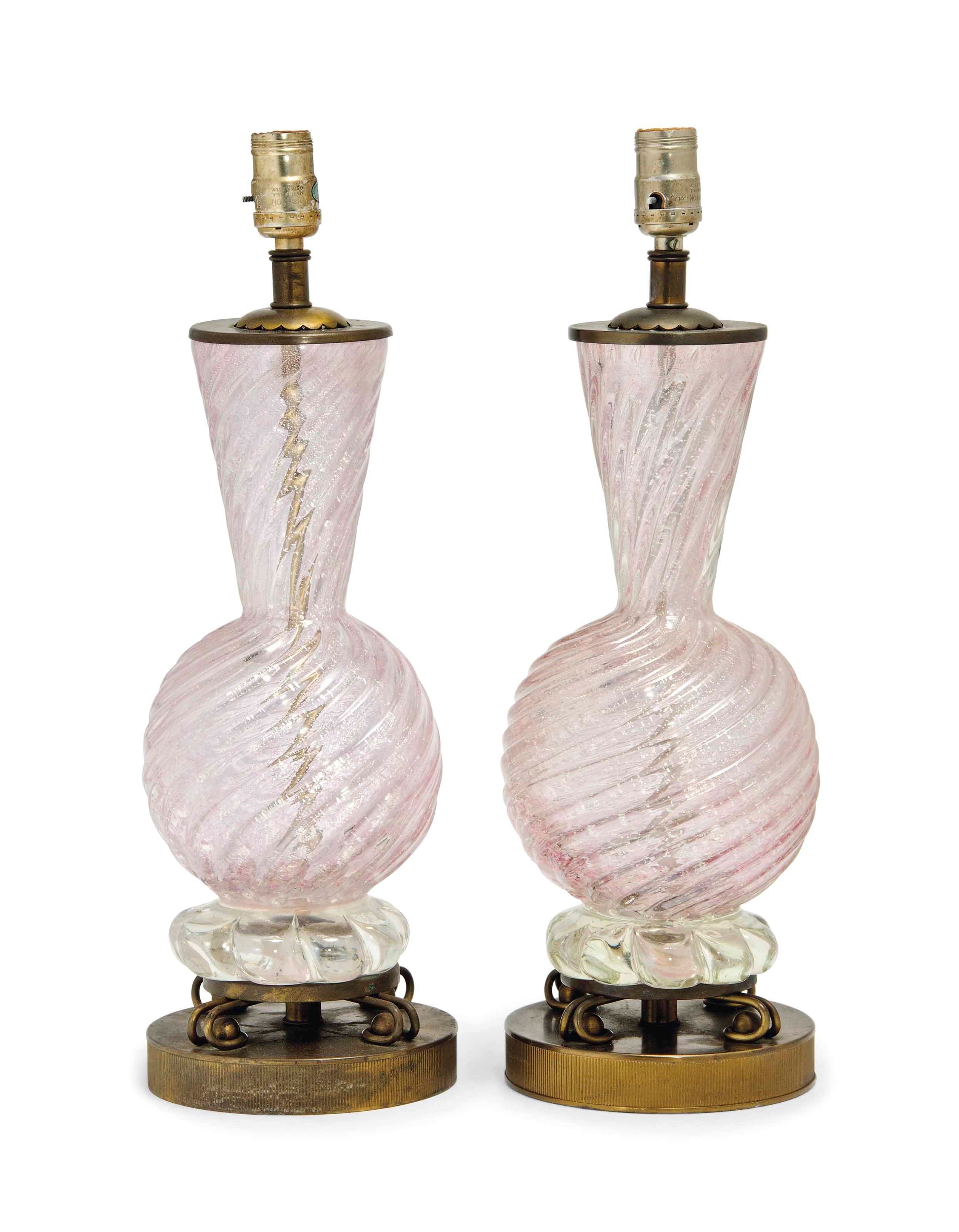 A PAIR OF BRASS-MOUNTED PINK MURANO GLASS TABLE LAMPS