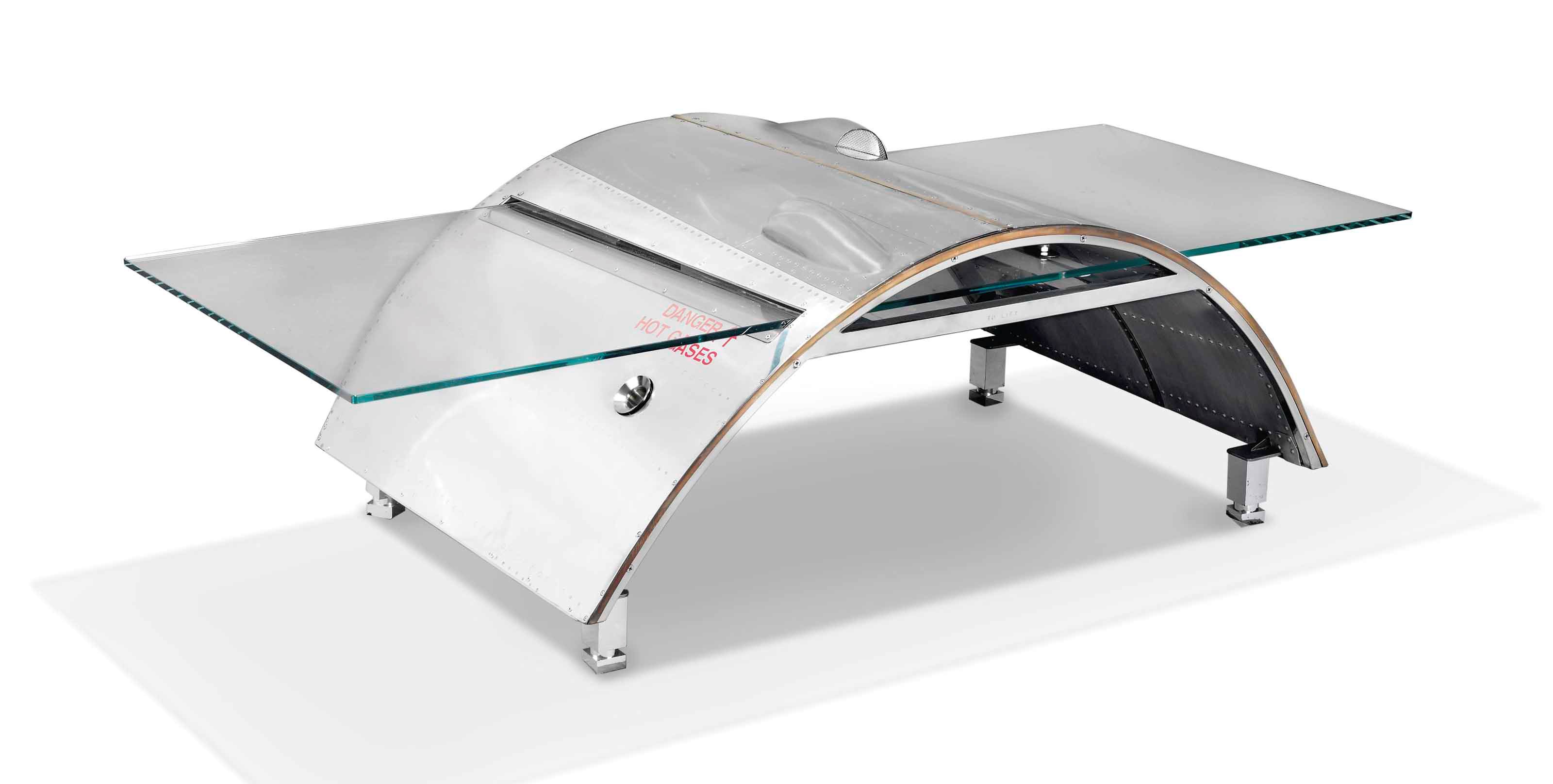 AN ALUMINIUM AND GLASS COFFEE TABLE