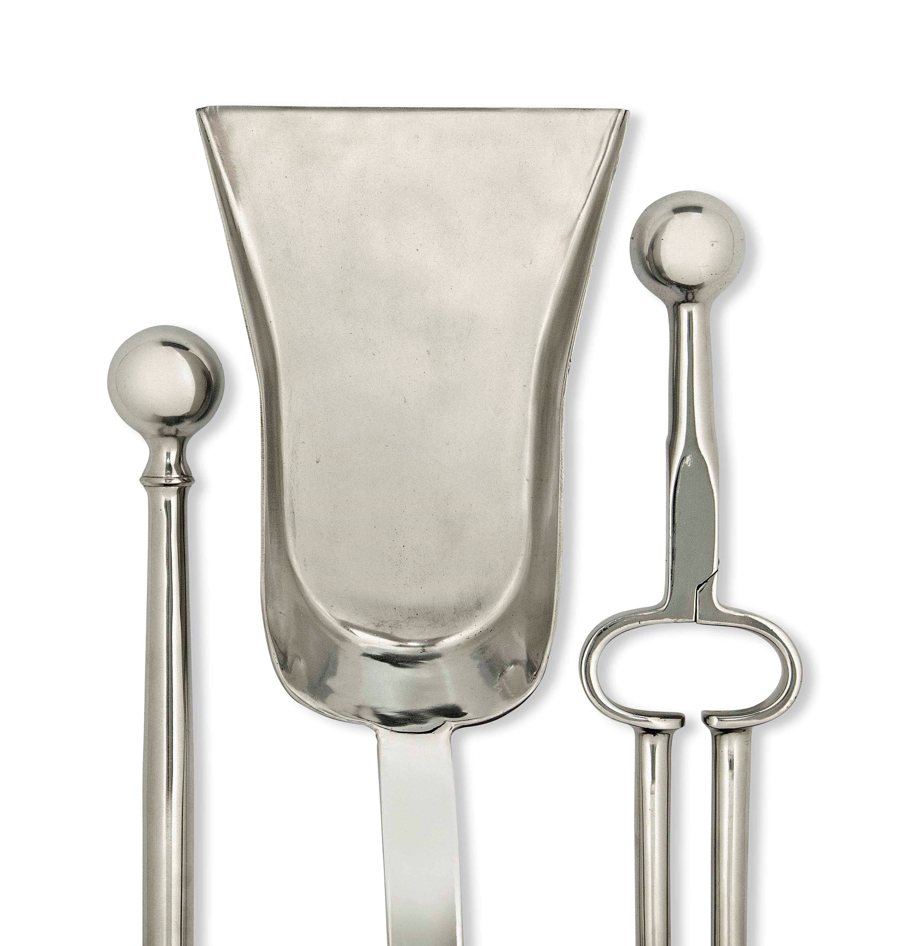 A LARGE SET OF ENGLISH STEEL FIRE-TOOLS