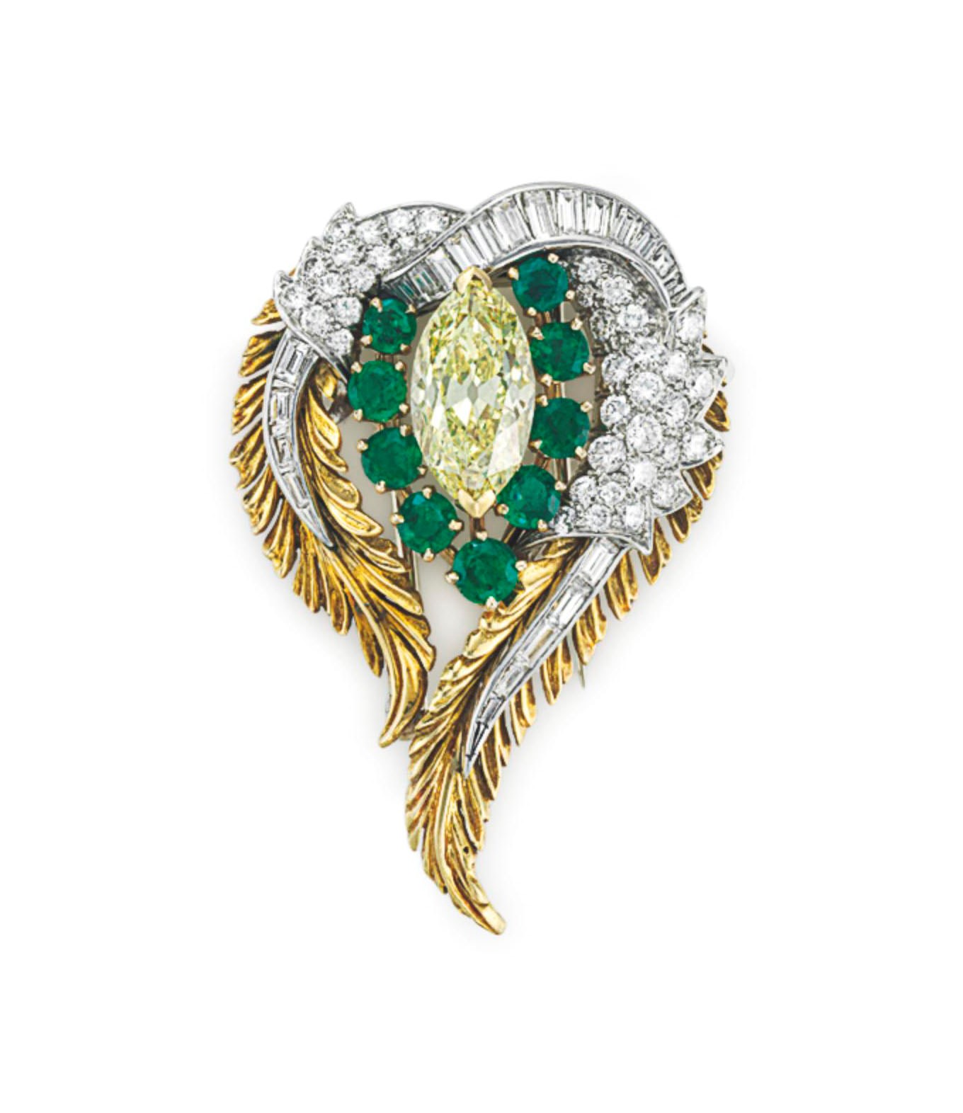 A COLORED DIAMOND, DIAMOND AND EMERALD BROOCH