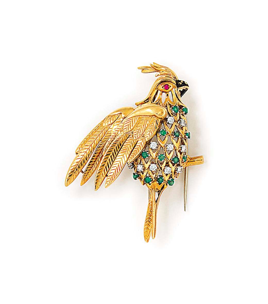 A GEM-SET COCKATOO BROOCH