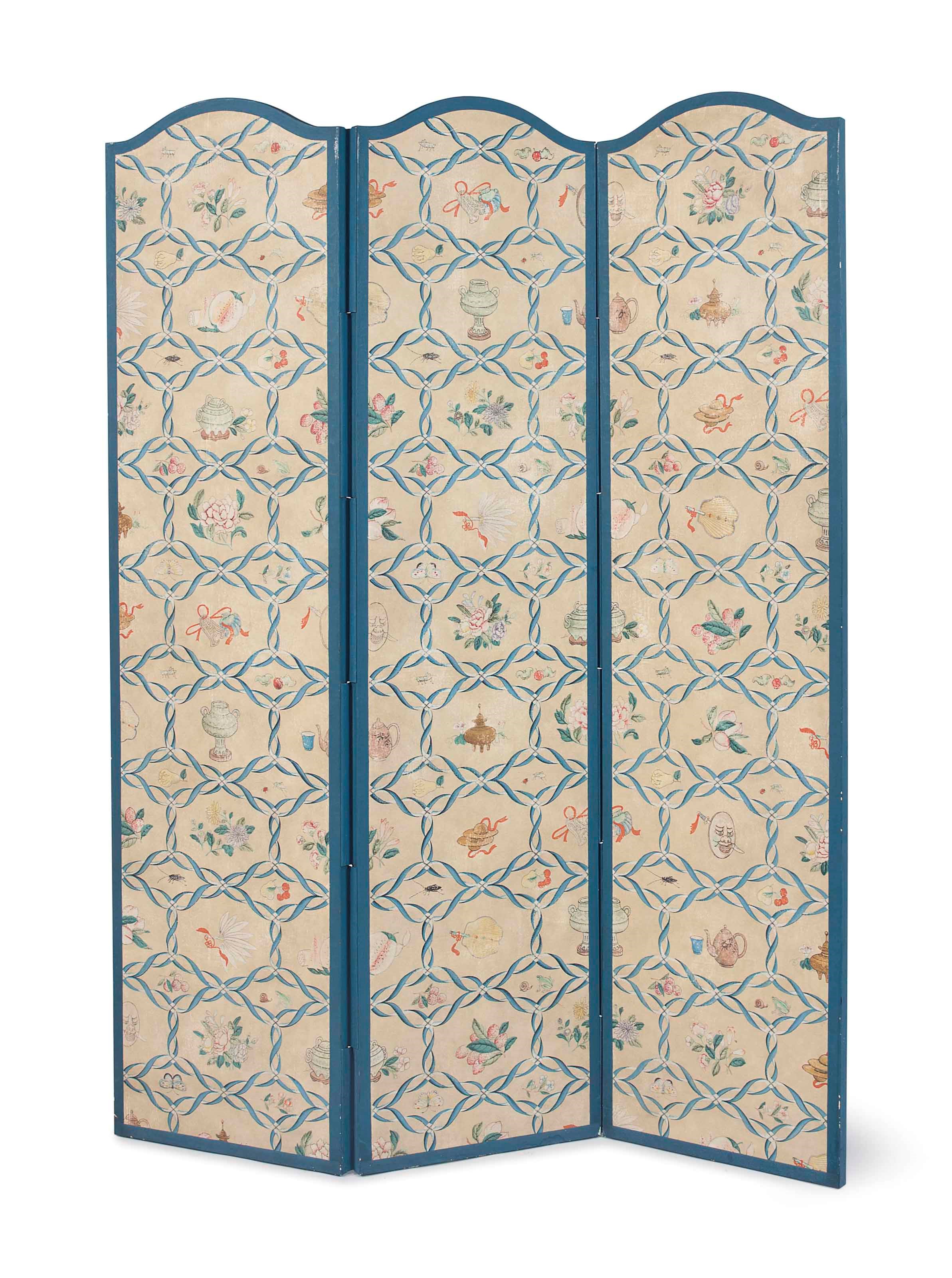 A CHINESE STYLE WALLPAPER-COVERED THREE-PANEL SCREEN