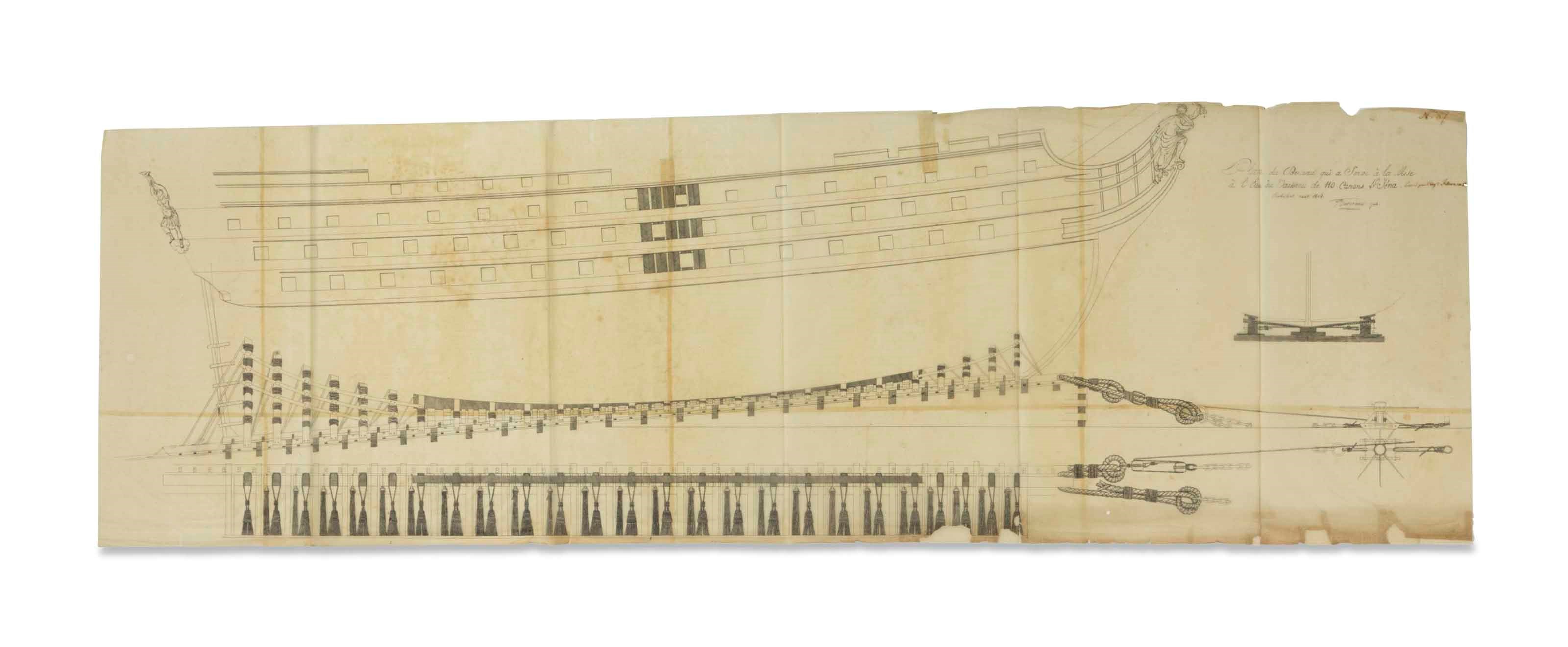 [NAPOLEONIC NAVAL ENGINEERING] – The design archive of ship-builder Paul FILHON (1769-1819), late 18th century – 1815, comprising 138 designs for vessels and naval equipment (four signed ‘Paul Filhon’, possibly in a secretarial hand), the majority built for the French Admiralty between 1766 and 1812, and five maps of the coastline around French ports, in pen and ink, pencil and occasionally watercolour (three of the designs printed), many of the designs bearing numbers from 1-97 (the sequence incomplete, occasional duplication), various dimensions (22-60 x 12-189 cm), (occasional tattering to the edges of the tracing paper and instances of ink acidification) [with:] an autograph draft for three letters by Paul Filhon, 28 December 1807 – 12 March 1808; two passport documents for Filhon; and two further documents. Together in five boxes, two of the designs framed.
