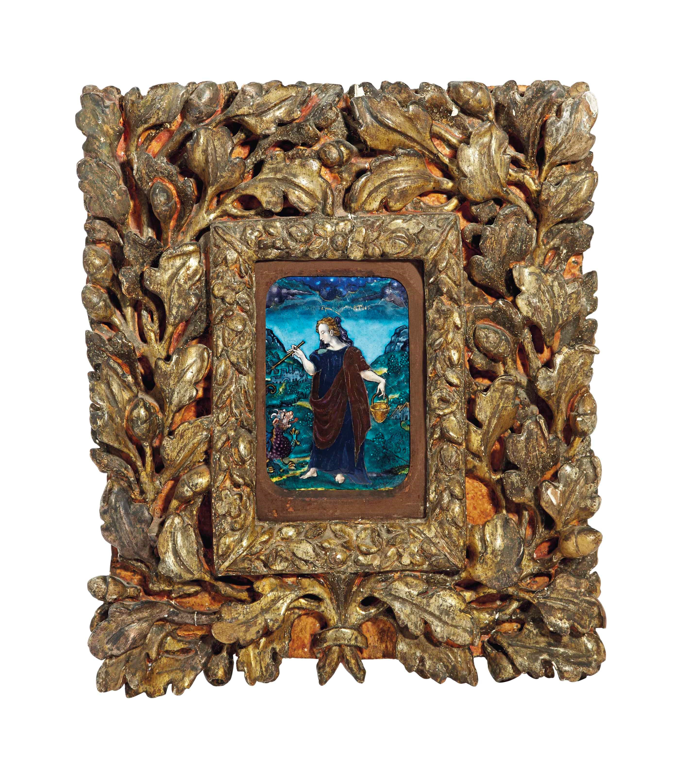 PLAQUE EN EMAIL PEINT POLYCHROME A REHAUTS D'OR REPRESENTANT SAINTE MARTHE ET LE DRAGON