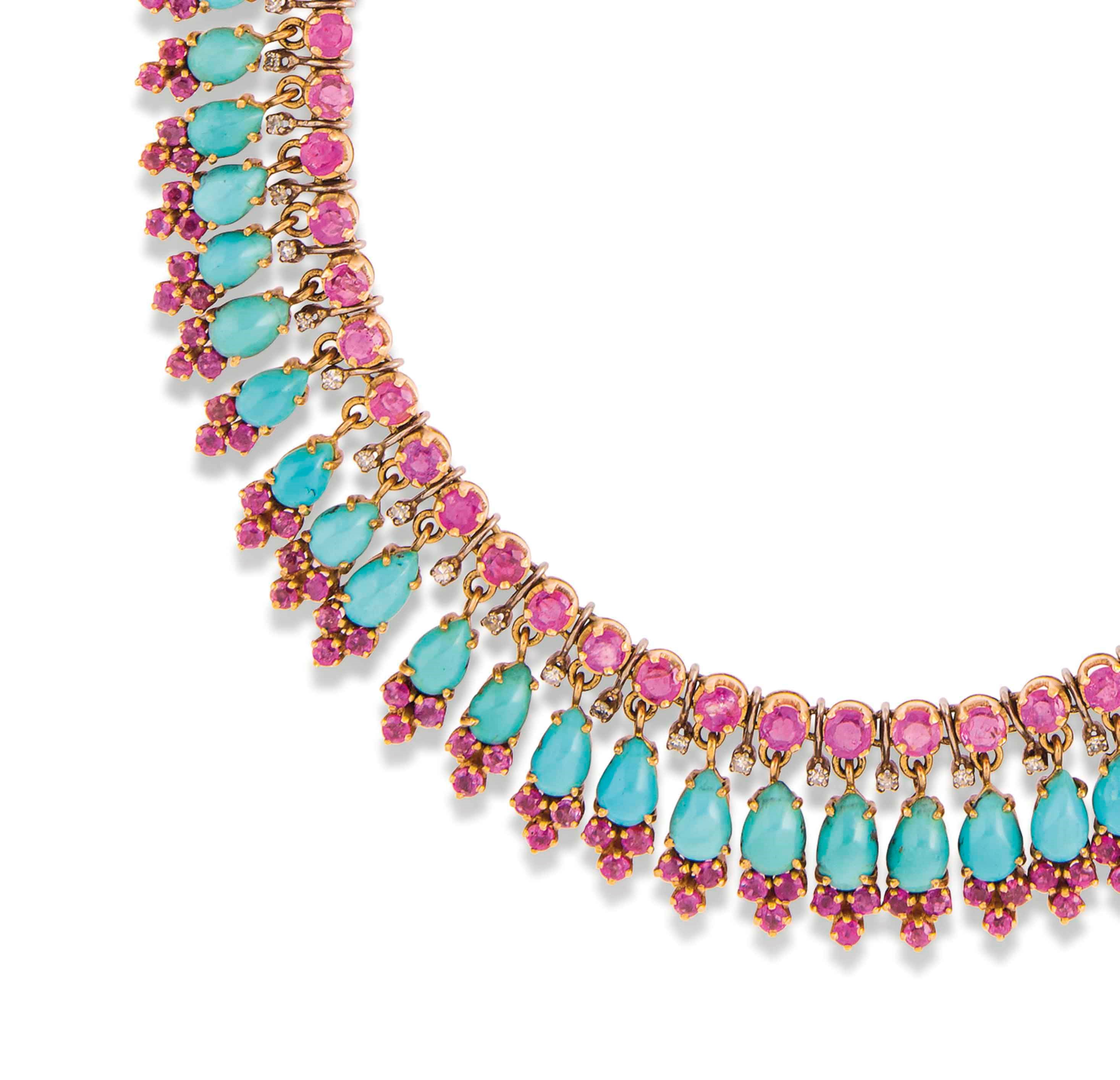 A TURQUOISE, RUBY AND DIAMOND SUITE