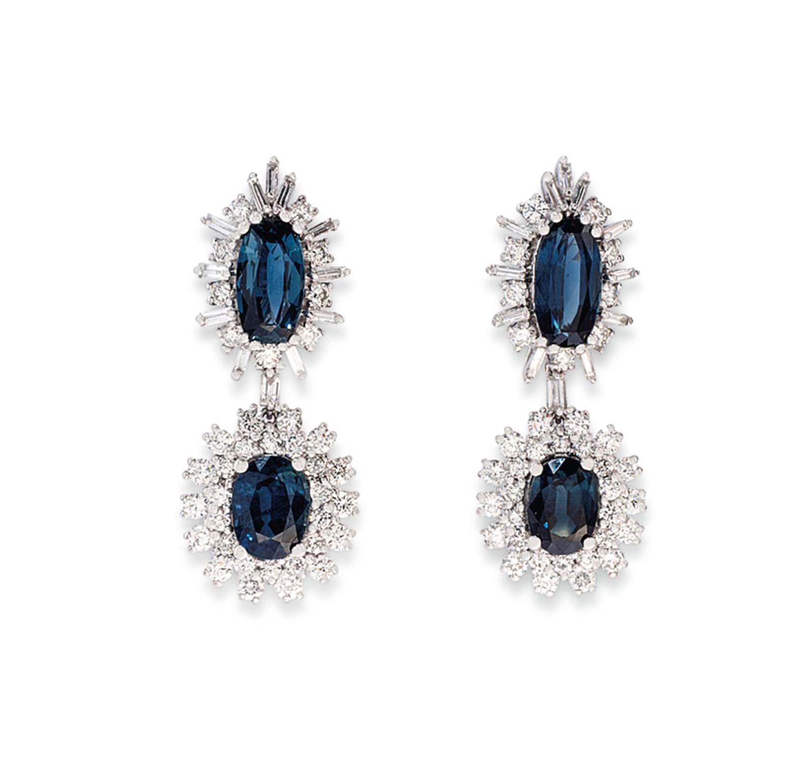 A PAIR OF SAPPHIRE AND DIAMOND EAR PENDANTS