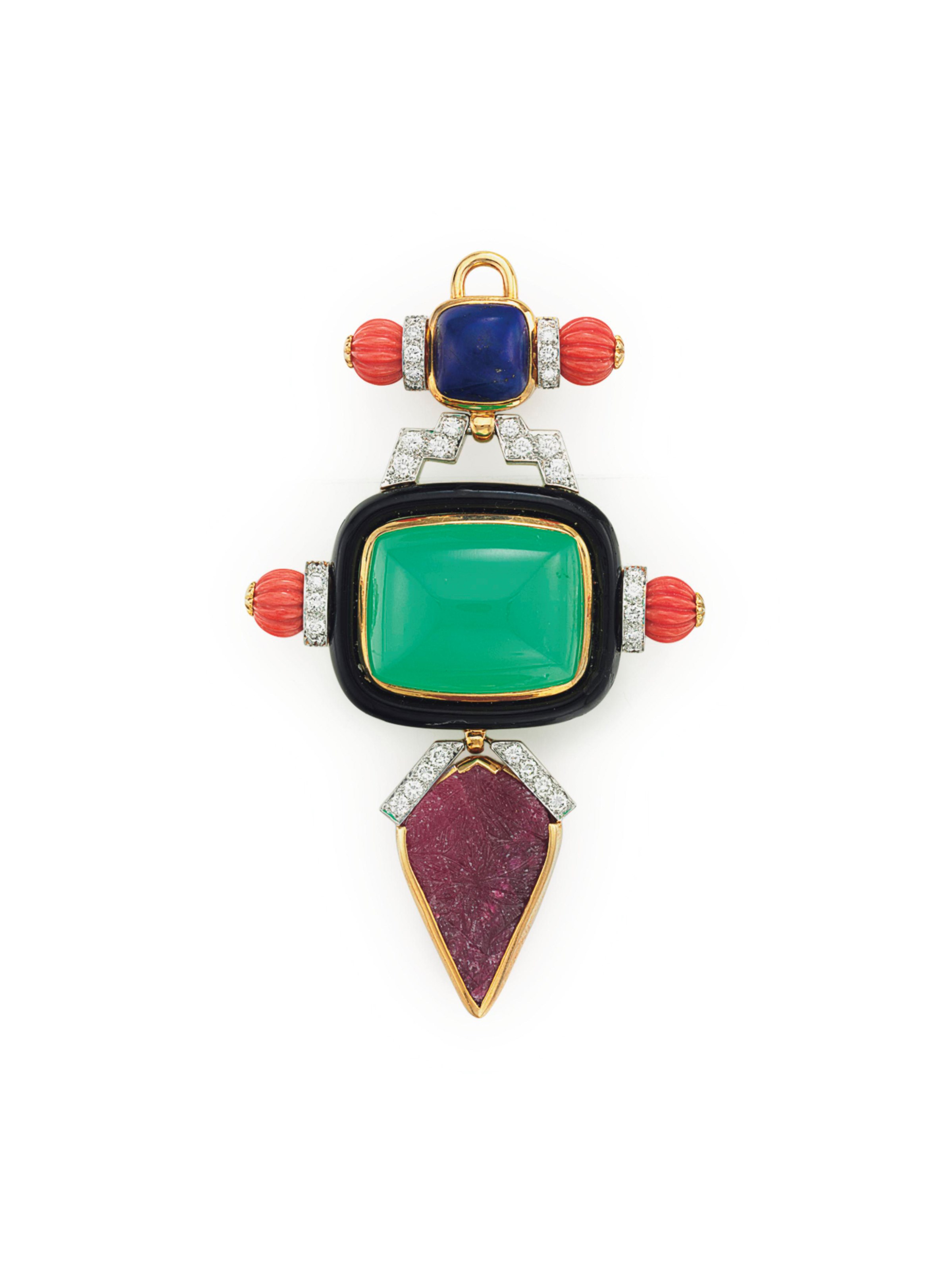 A MULTI-GEM AND DIAMOND PENDANT BROOCH, BY DAVID WEBB