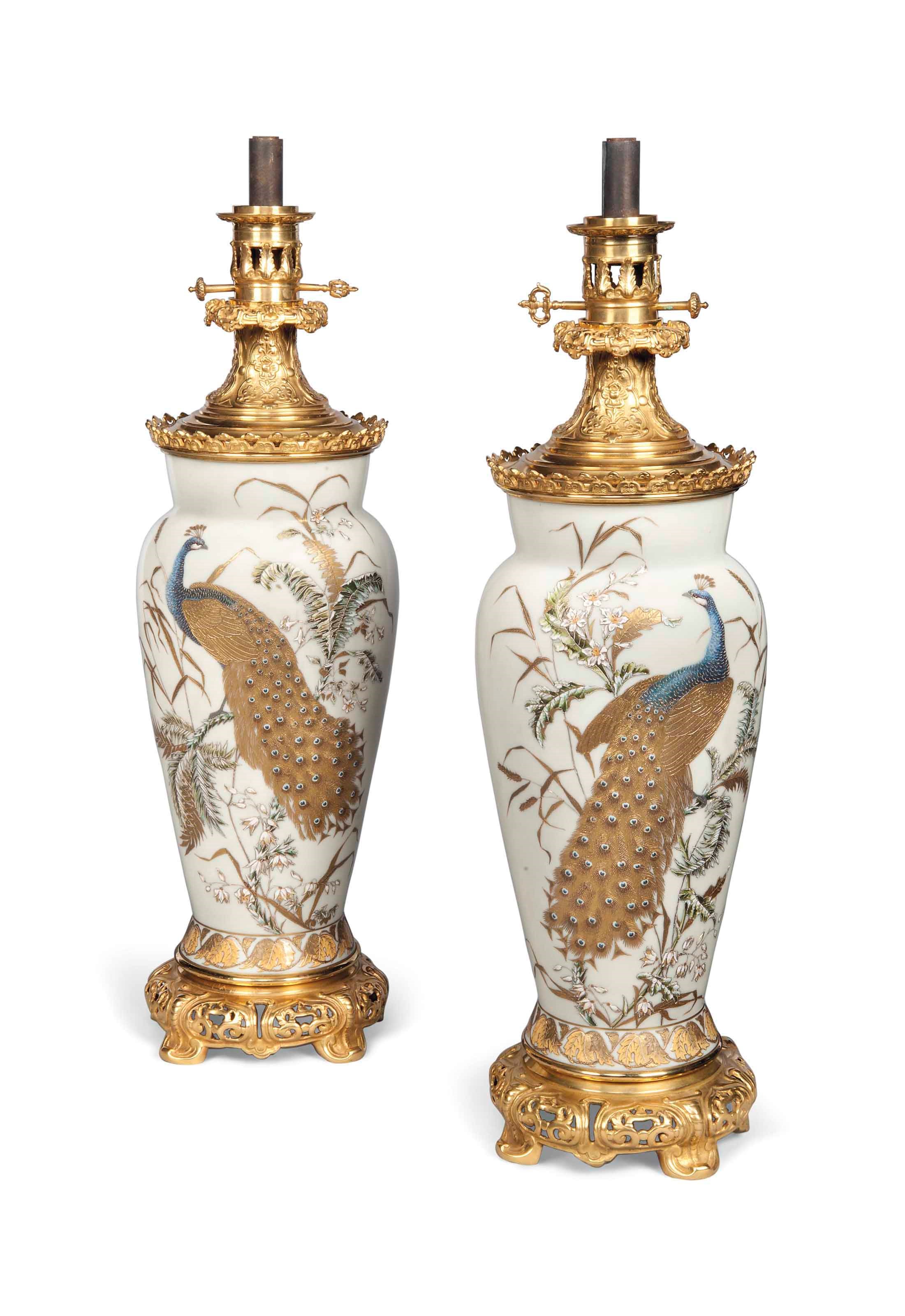 A PAIR OF FRENCH ENAMELLED DECORATED OPALINE GLASS VASE TABLE LAMPS
