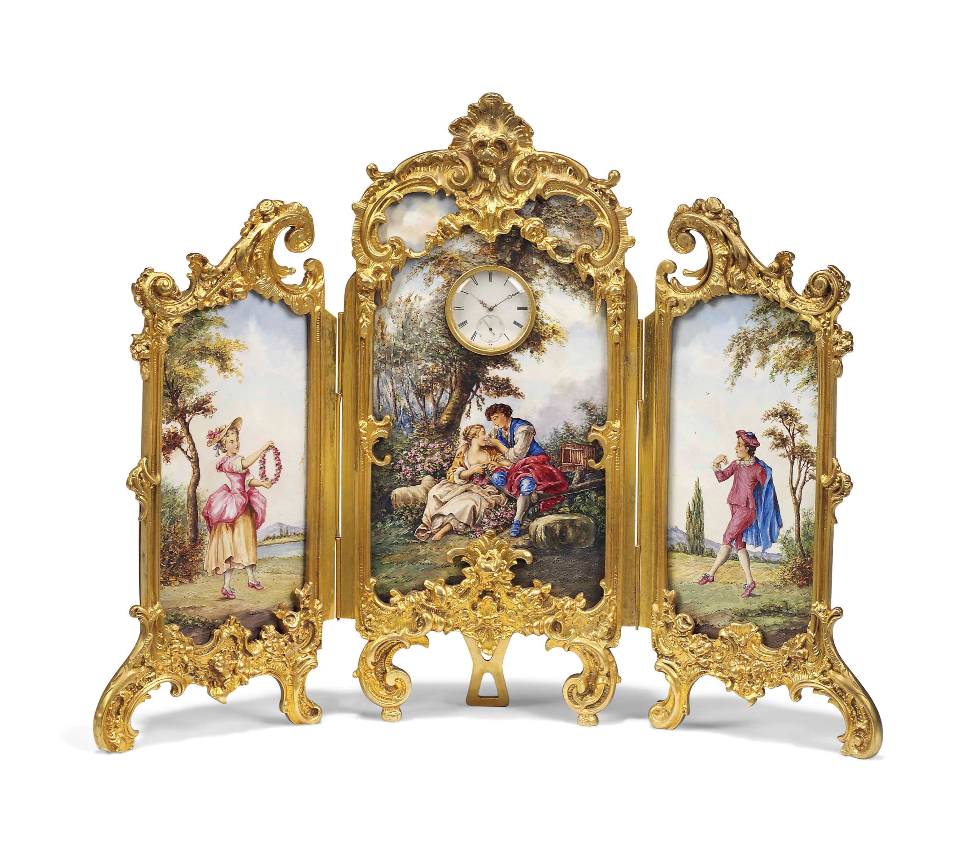 A FRENCH GILT-BRONZE AND ENAMEL NOVELTY CLOCK MODELLED AS A SCREEN