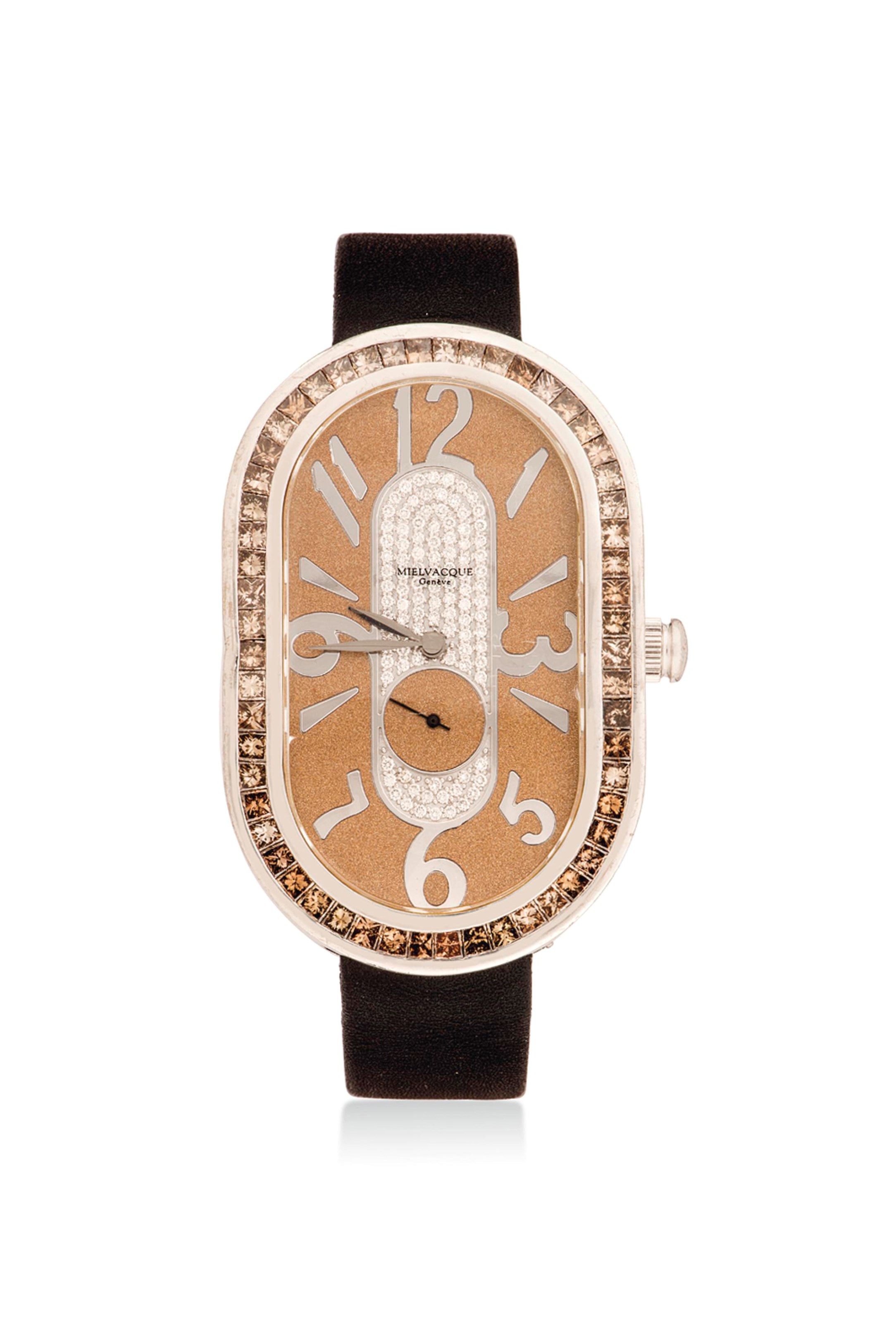 AN 18CT WHITE GOLD, COLOURED DIAMOND AND DIAMOND 'SULTAN' QUARTZ WRISTWATCH, BY MIELVACQUE
