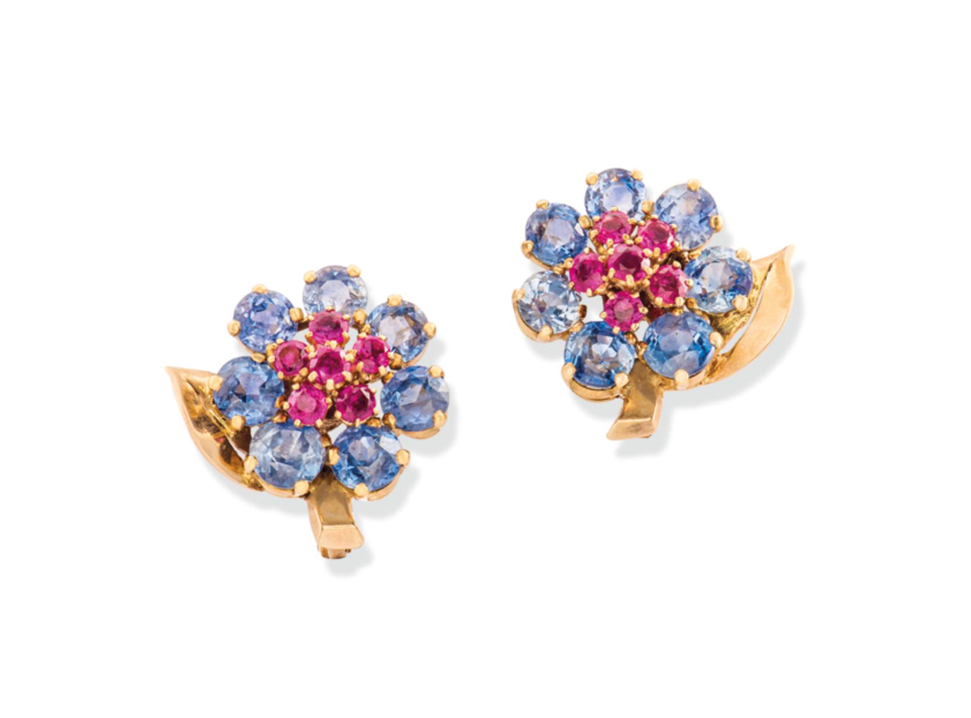 A PAIR OF RUBY AND SAPPHIRE EARCLIPS, BY CARTIER