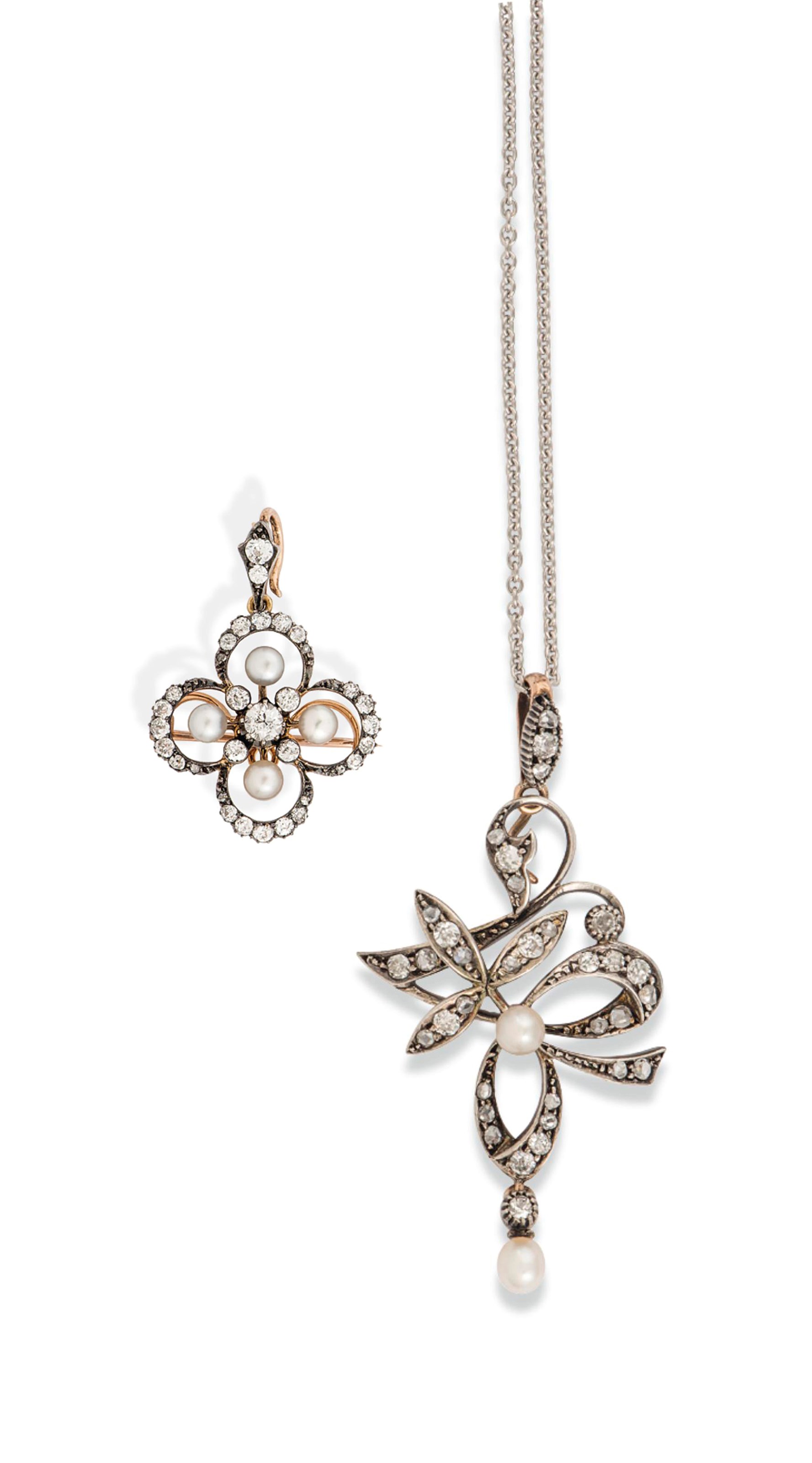 TWO DIAMOND AND PEARL PENDANTS
