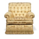 A PAIR OF GOLD BUTTONED SILK DAMASK EASY ARMCHAIRS