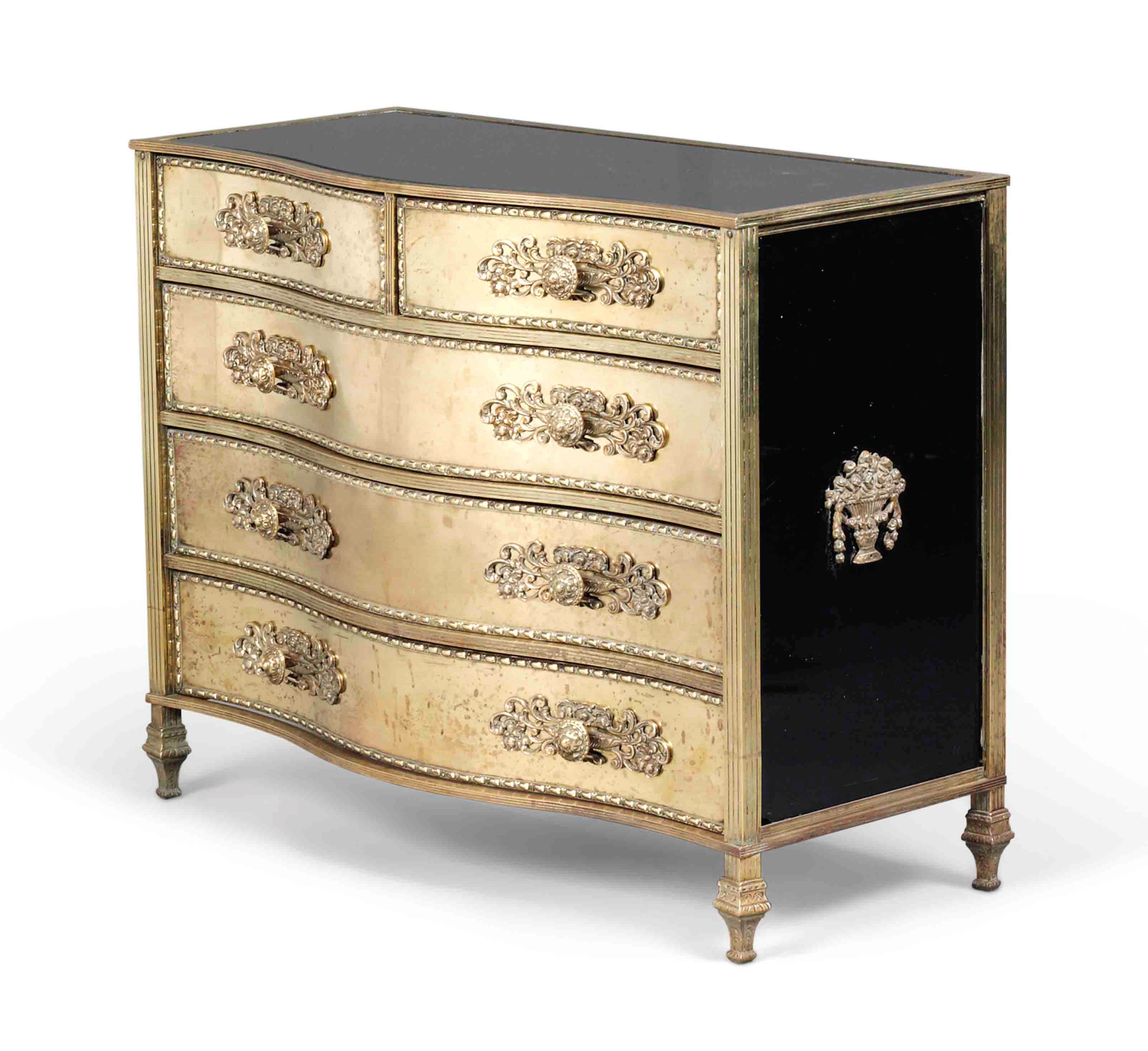 A BRASS AND GLASS CHEST OF DRAWERS
