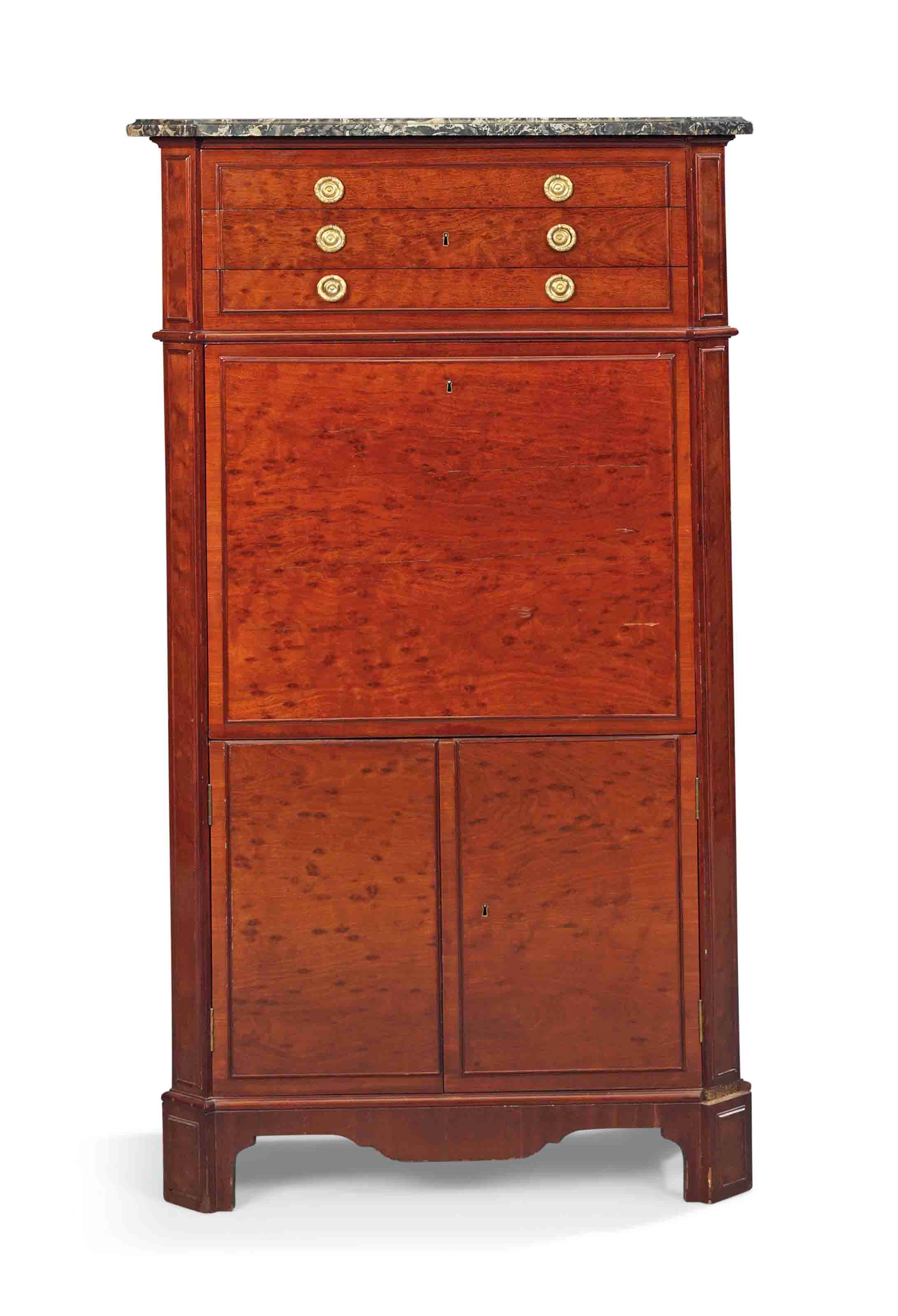 A DIRECTOIRE ORMOLU-MOUNTED PLUM-PUDDING MAHOGANY SECRETAIRE A ABATTANT WITH MARBLE TOP