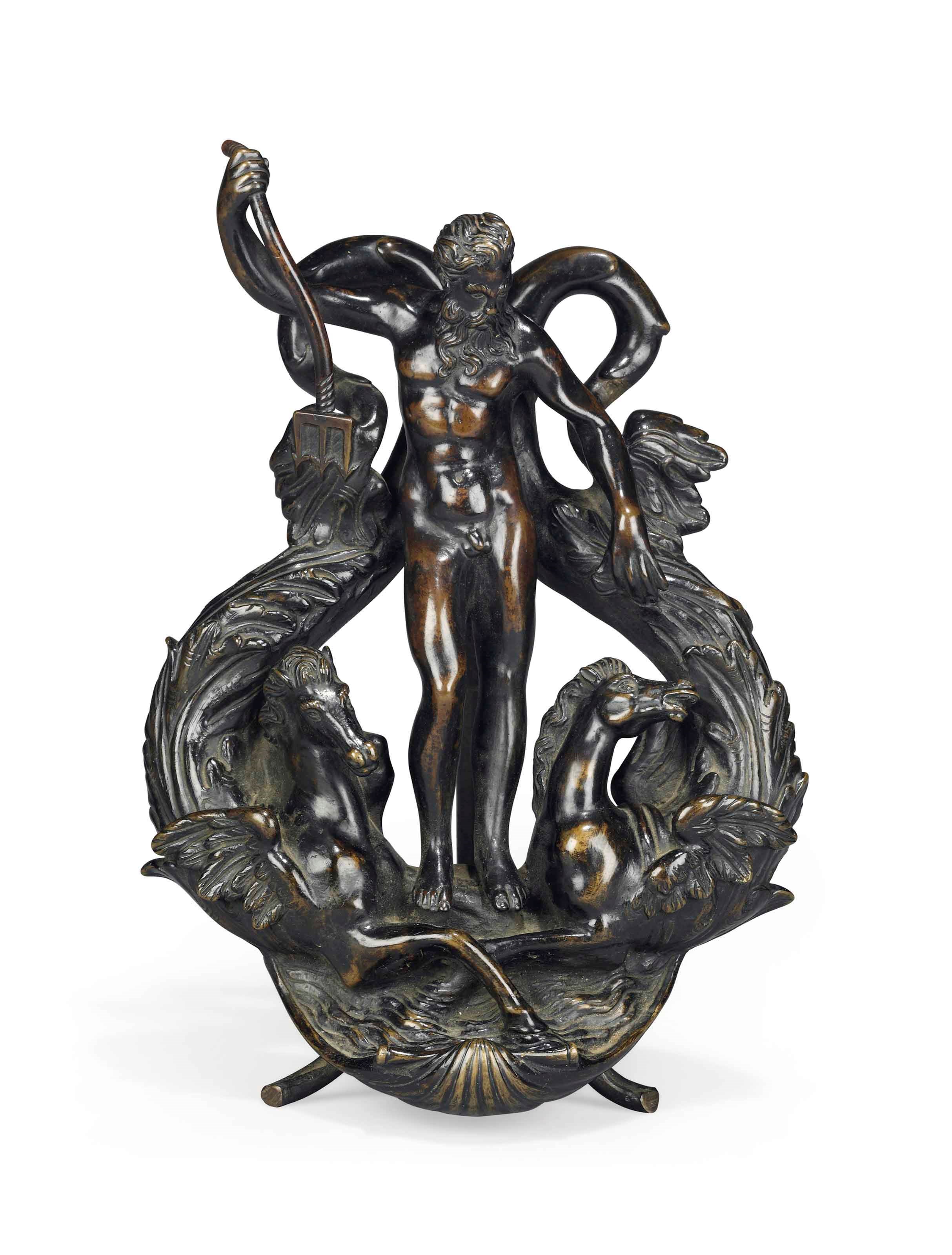 A BRONZE DOORKNOCKER WITH NEPTUNE AND SEAHORSES