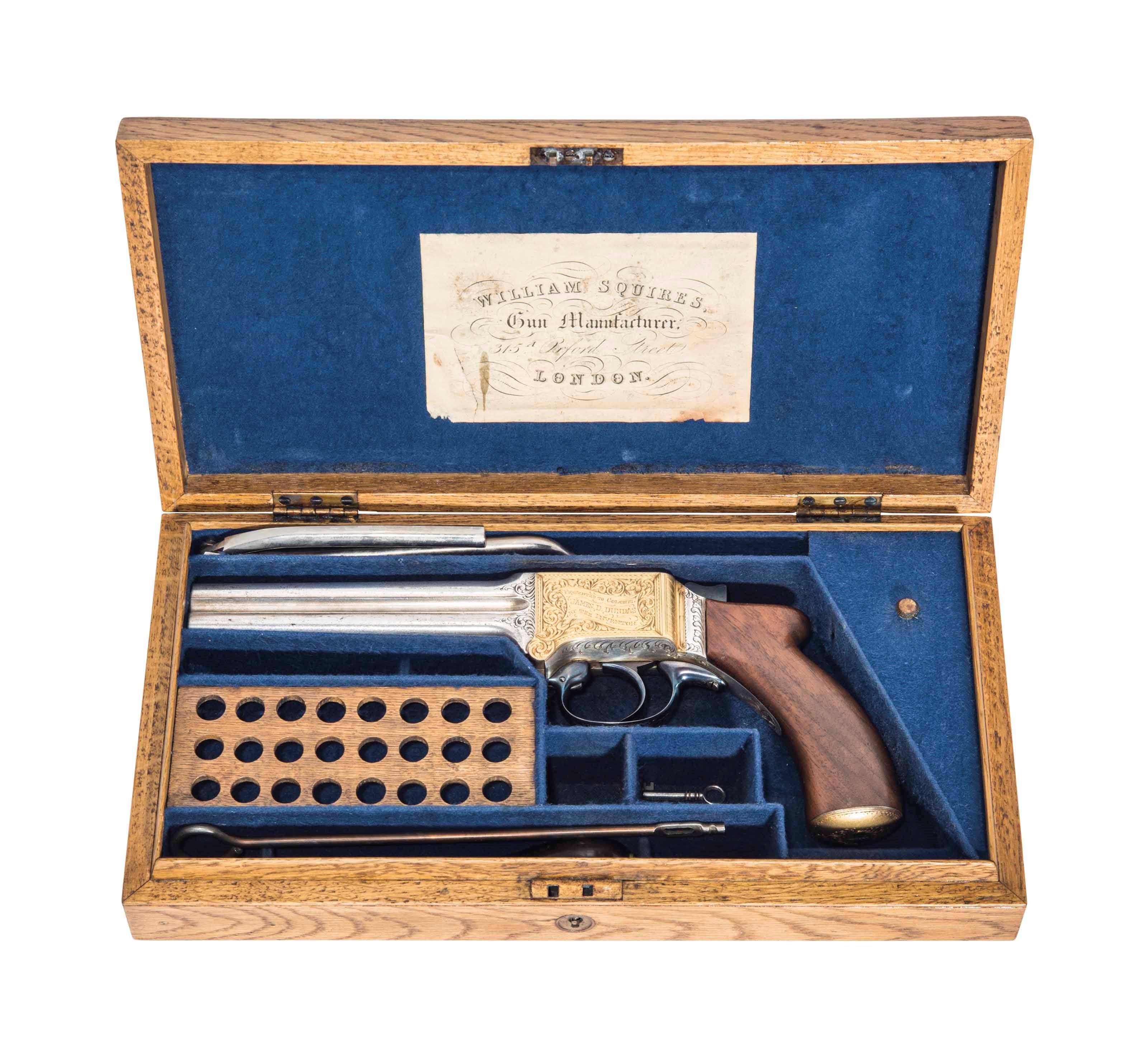 A VERY RARE CASED PRESENTATION .450/.476 MARTIN PATENT 'MITRAILLEUSE' FOUR-BARRELLED OFFICER'S PISTOL WITH DETACHABLE FOLDING SHOULDER-STOCK