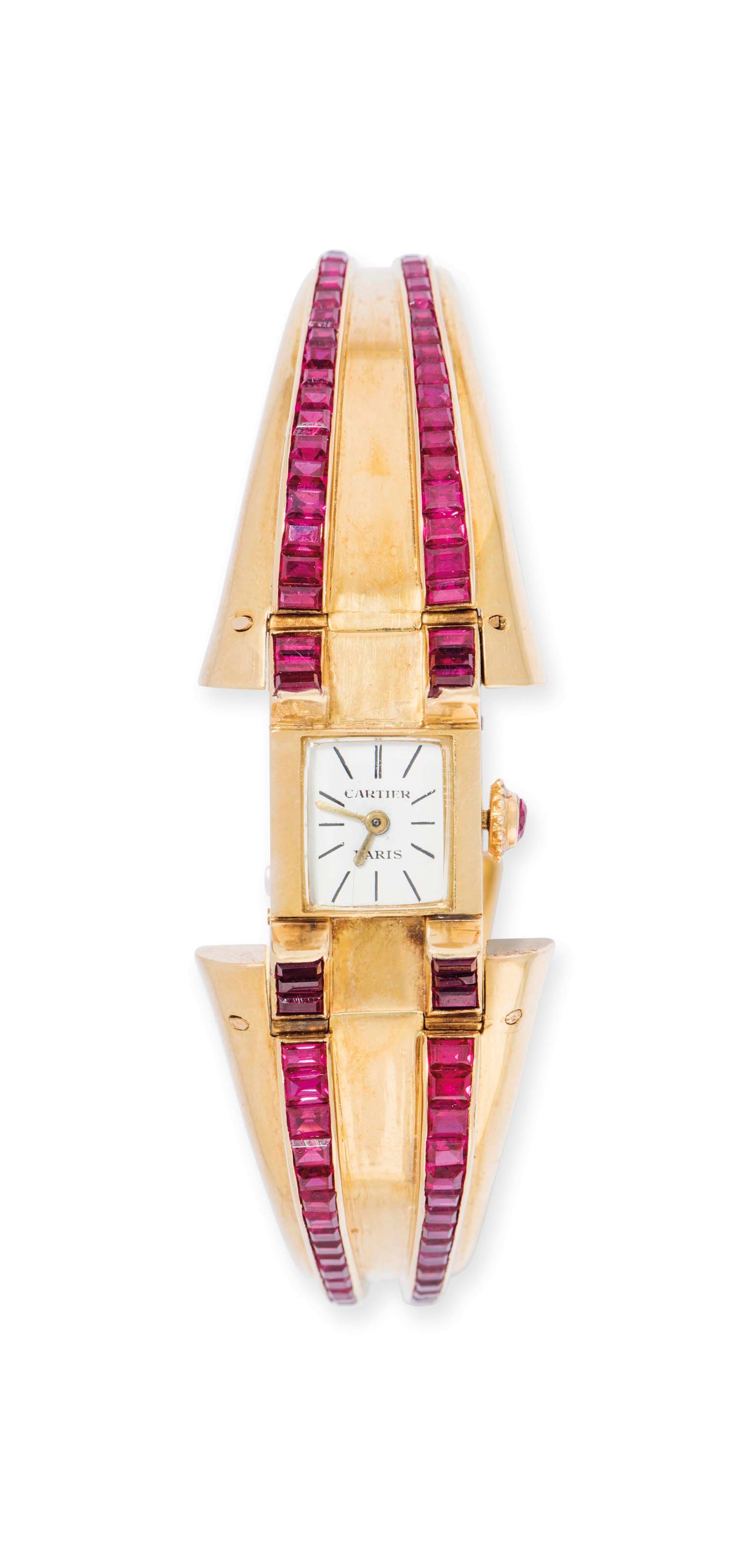 A SYNTHETIC RUBY WRISTWATCH BANGLE, BY CARTIER
