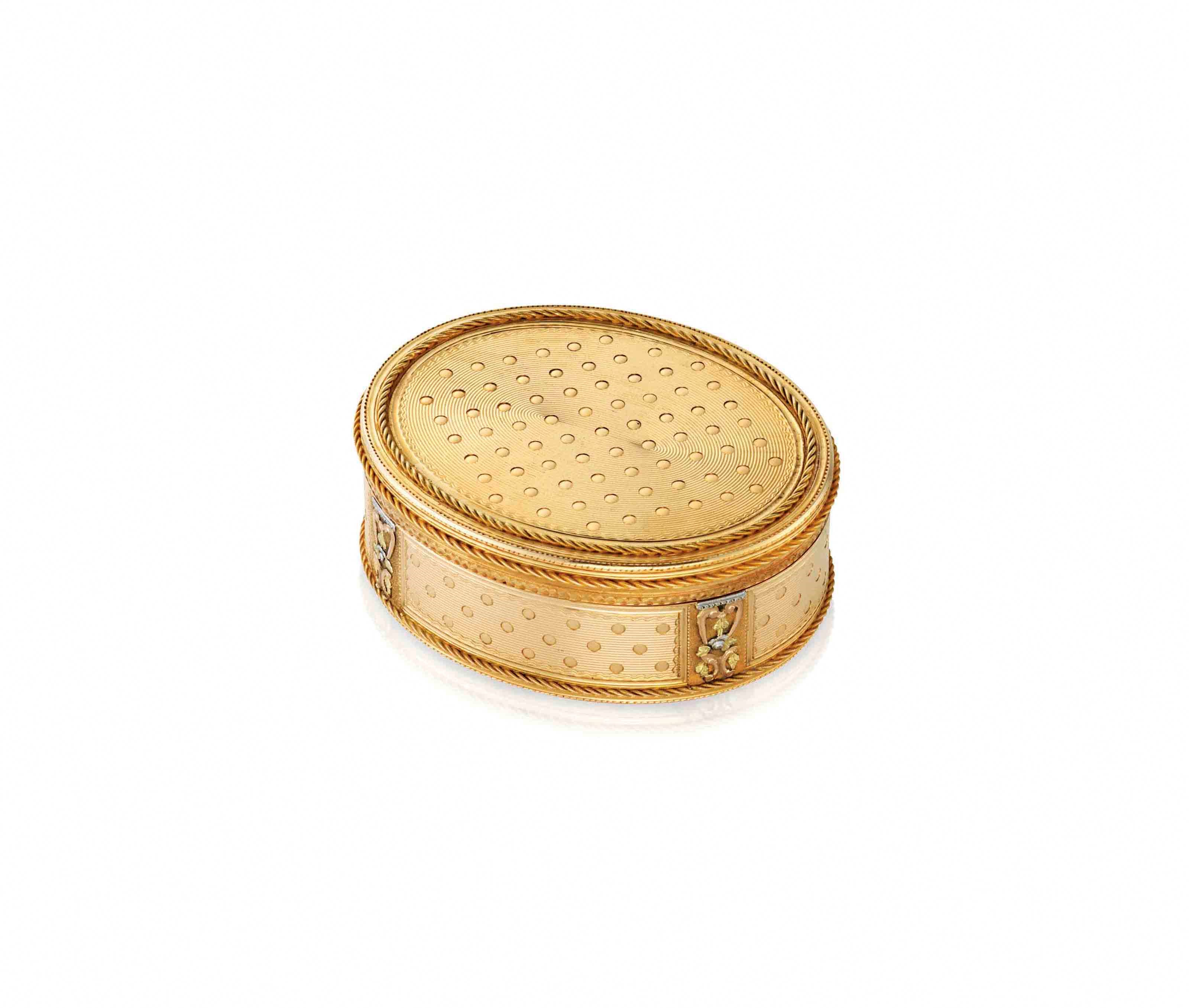 A SWISS OR GERMAN VARI-COLOUR GOLD SNUFF-BOX