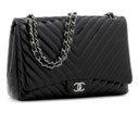A BLACK CHEVRON QUILTED PATENT LEATHER MAXI SINGLE FLAP BAG WITH SILVER HARDWARE