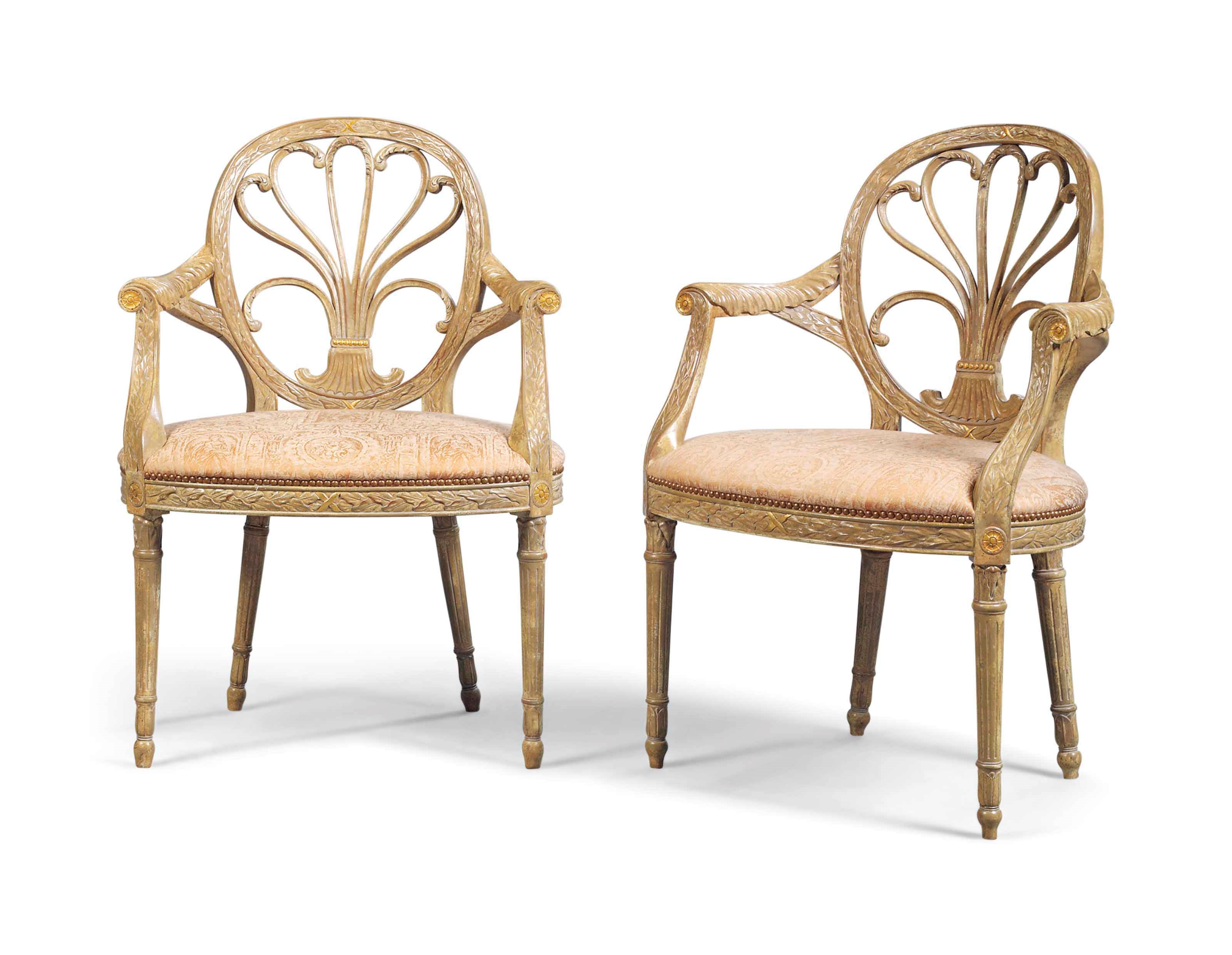 A PAIR OF GREY-PAINTED AND PARCEL-GILT OPEN ARMCHAIRS