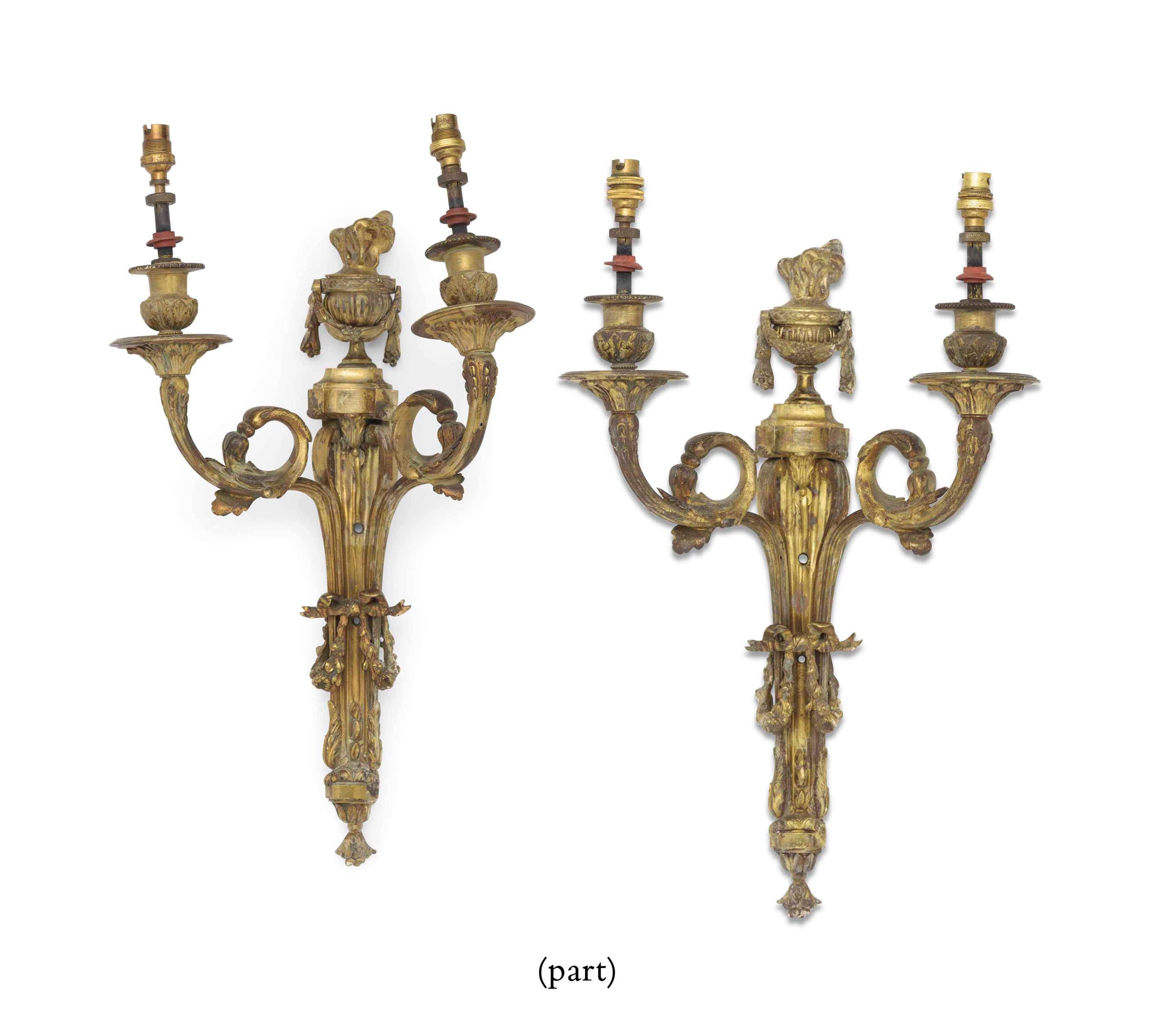 THREE GILT-BRONZE TWIN-LIGHT WALL APPLIQUES