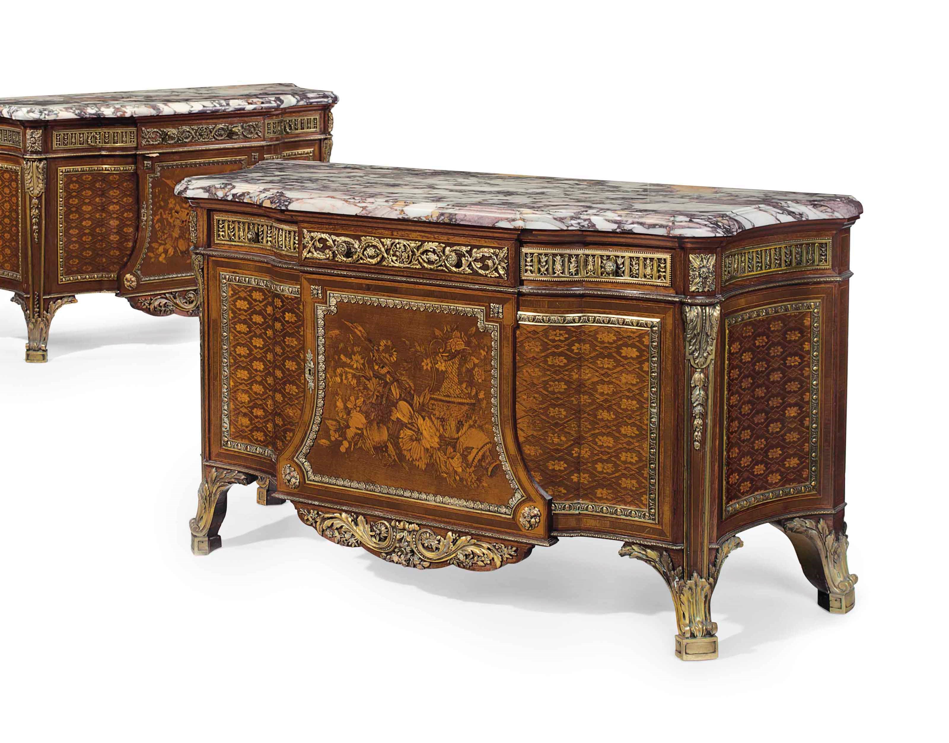 A PAIR OF FRENCH ORMOLU-MOUNTED MAHOGANY AND MARQUETRY COMMODES