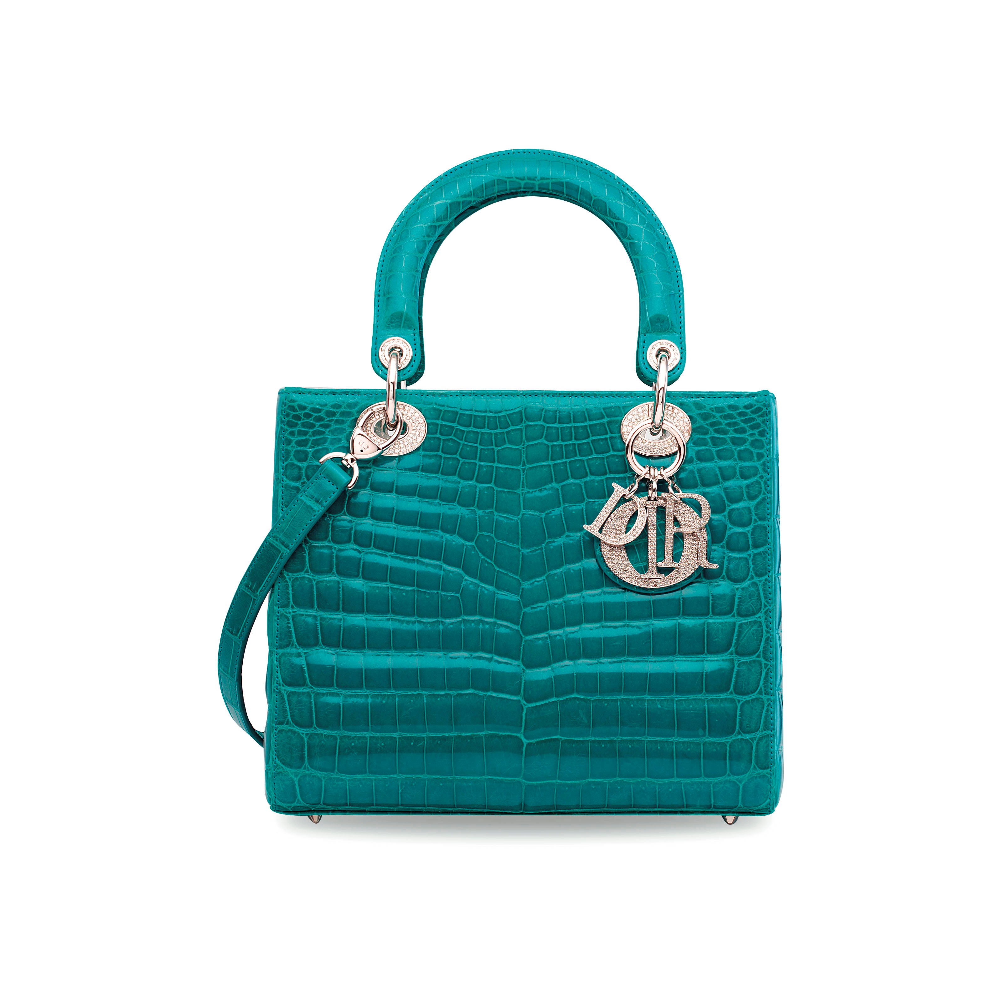 A SHINY TURQUOISE CROCODILE LADY DIOR WITH SILVER & CRYSTAL HARDWARE