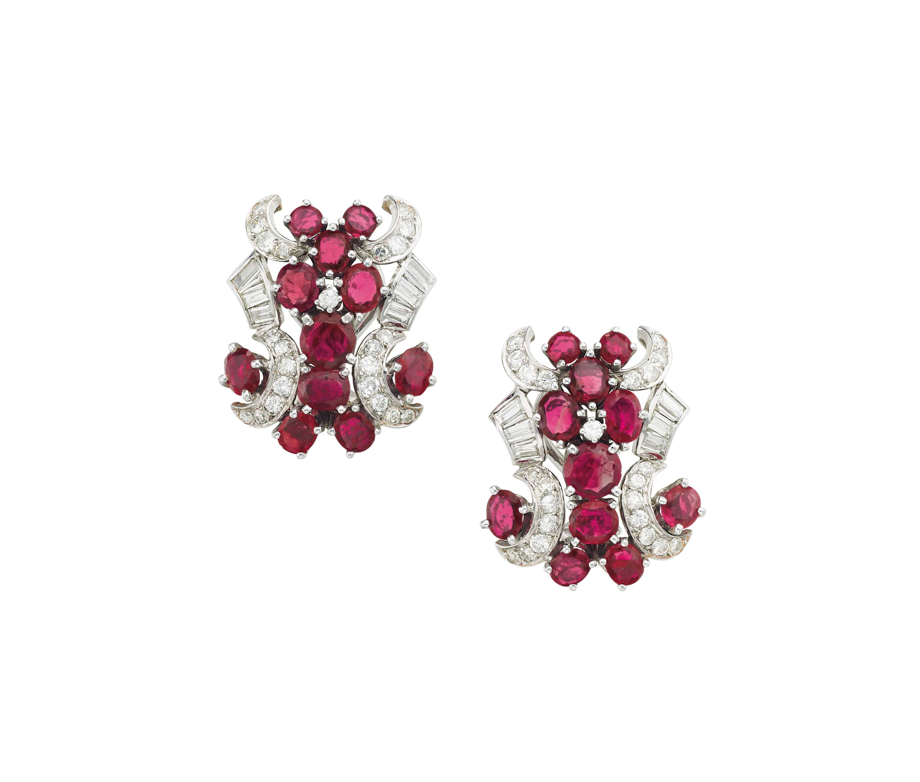 A PAIR OF RUBY AND DIAMOND EAR CLIPS