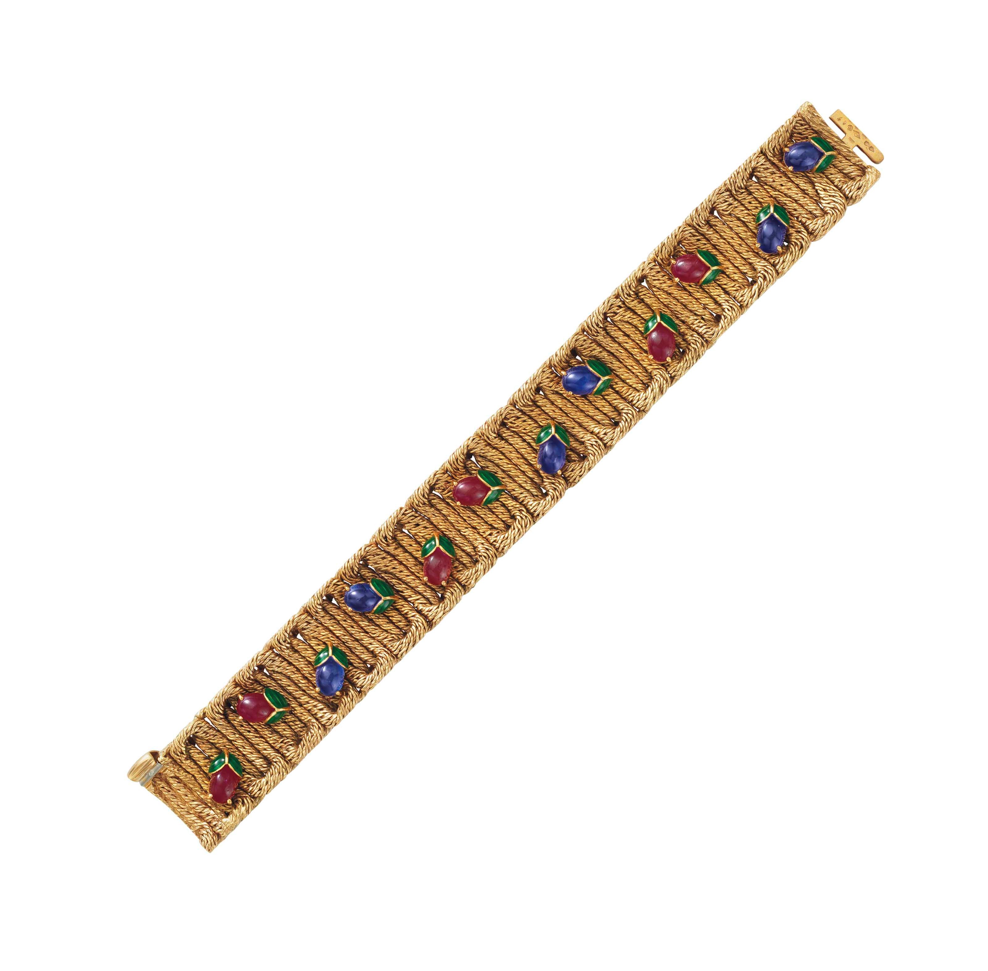 A RUBY, SAPPHIRE, ENAMEL AND GOLD BRACELET, BY VAN CLEEF & ARPELS
