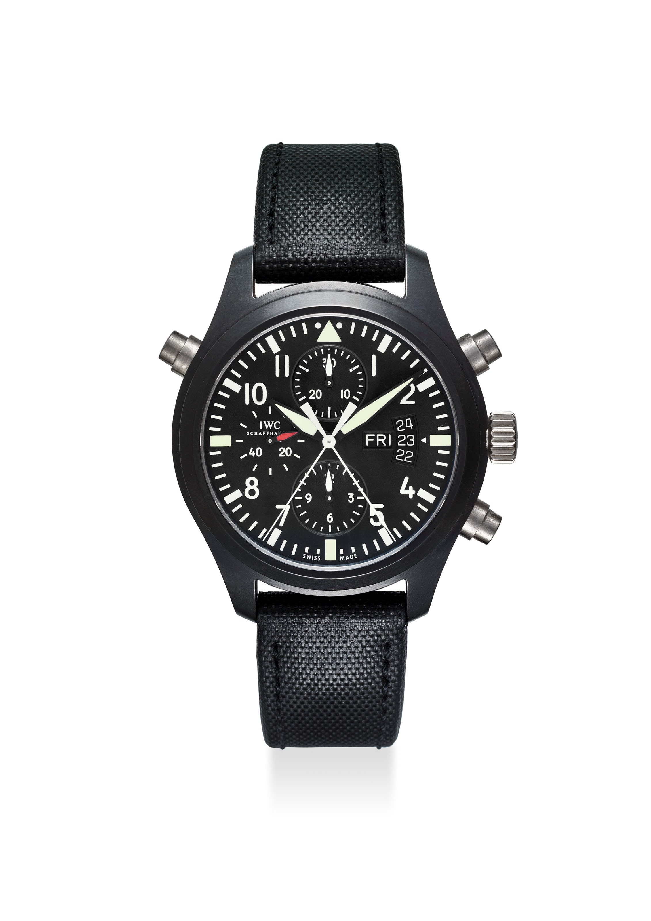 IWC. A LARGE CERAMIC AND TITANIUM LIMITED EDITION AUTOMATIC SPLIT SECONDS PILOT'S CHRONOGRAPH WRISTWATCH WITH DAY, DATE AND WARRANTY