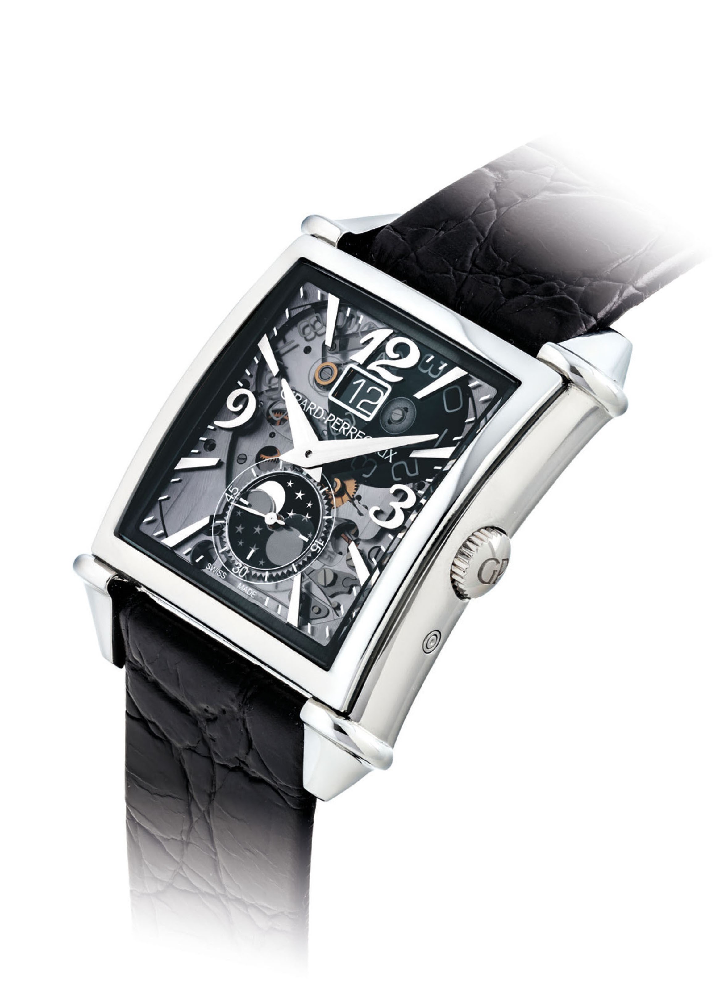 GIRARD-PERREGAUX. A STAINLESS STEEL RECTANGULAR AUTOMATIC SKELETONISED WRISTWATCH WITH MOON PHASES AND DATE