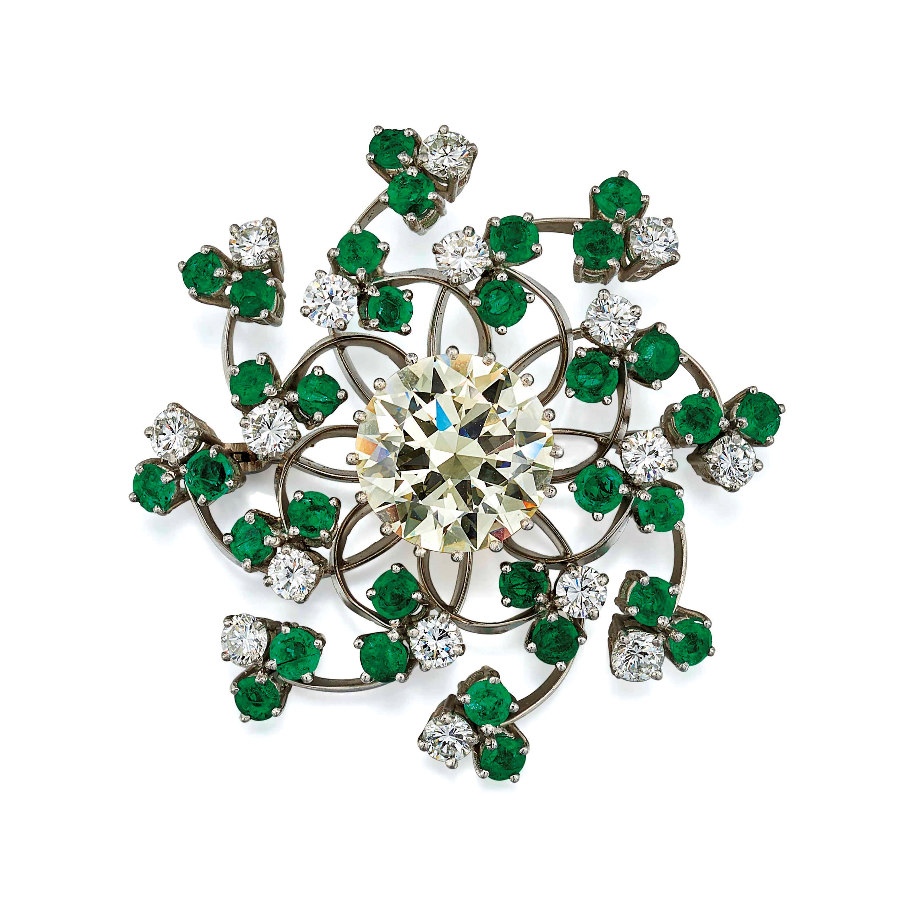 EMERALD AND DIAMOND BROOCH