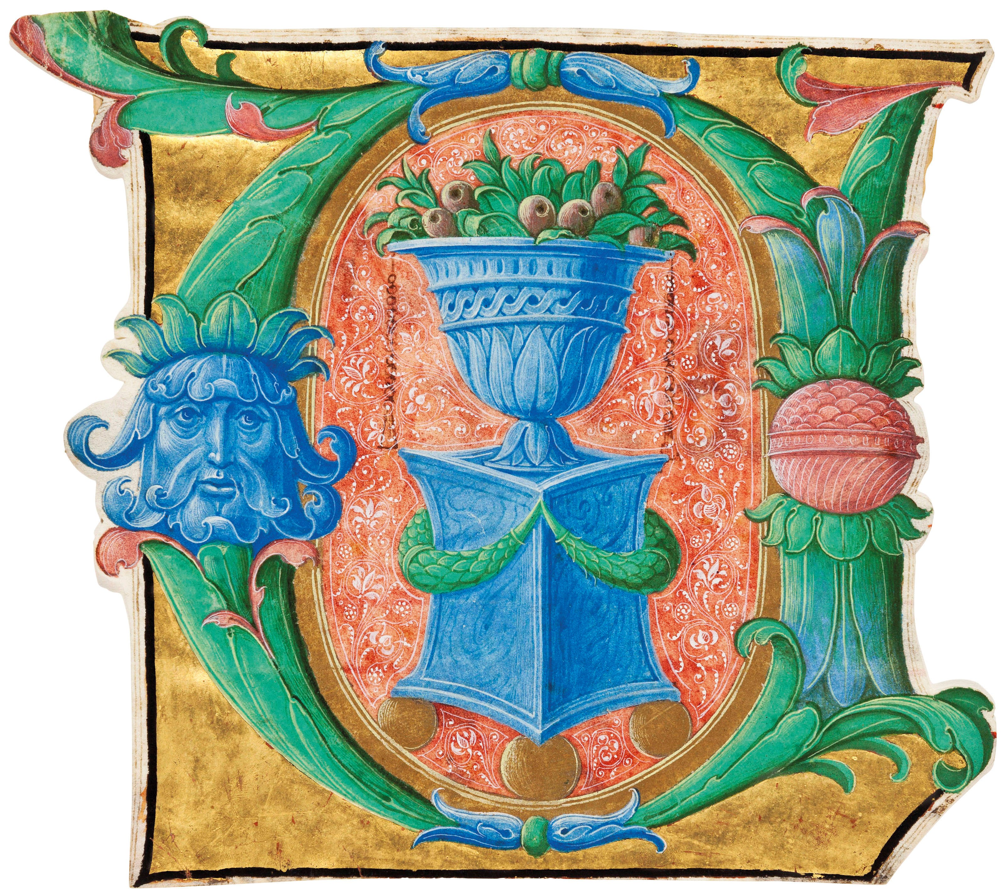 ACANTHUS INITIAL ‘U’ with a Mask and Renaissance Urn, illuminated initial cut from a choirbook [Verona, c.1500]