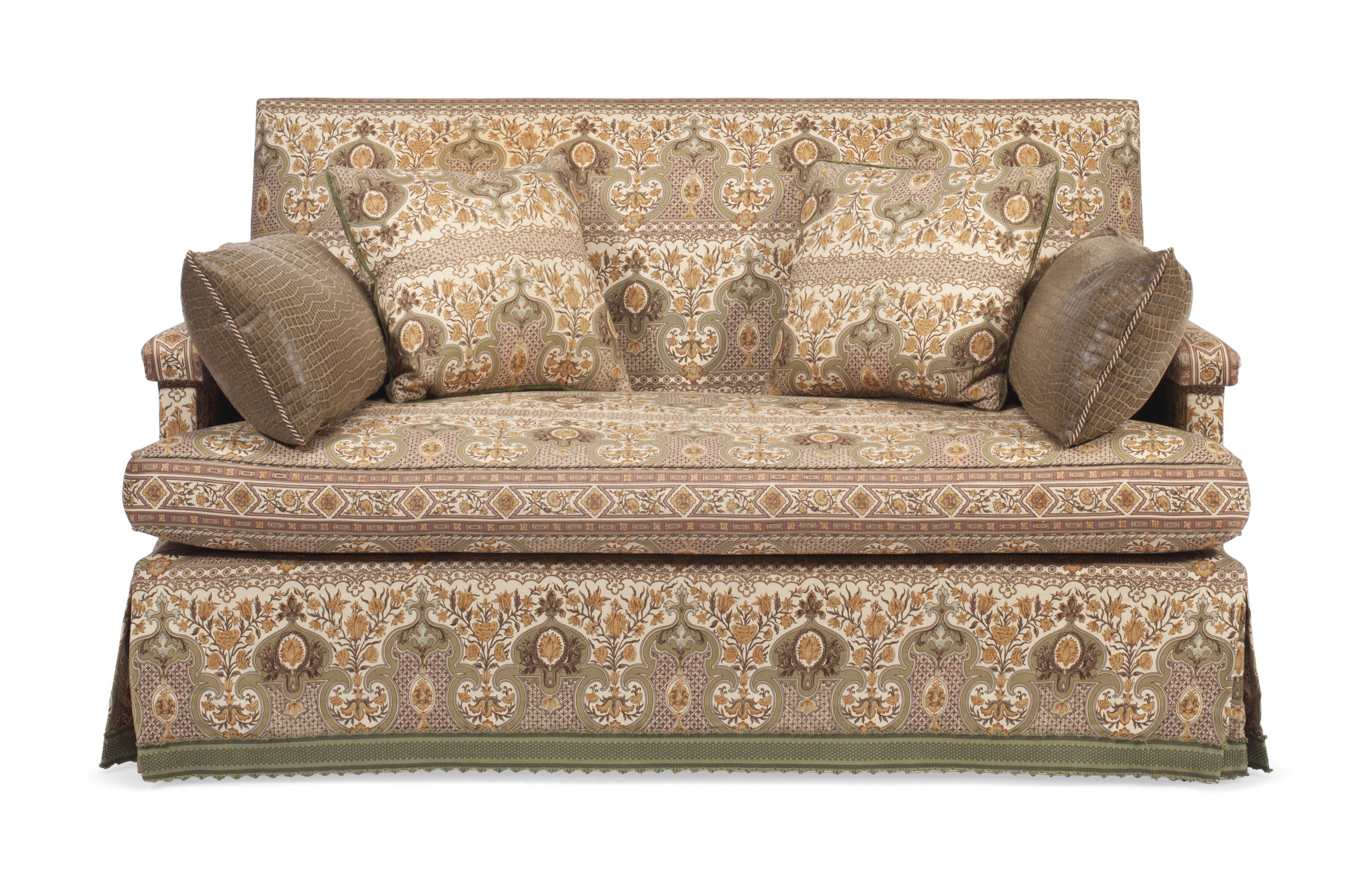A PRINTED LINEN UPHOLSTERED SOFA