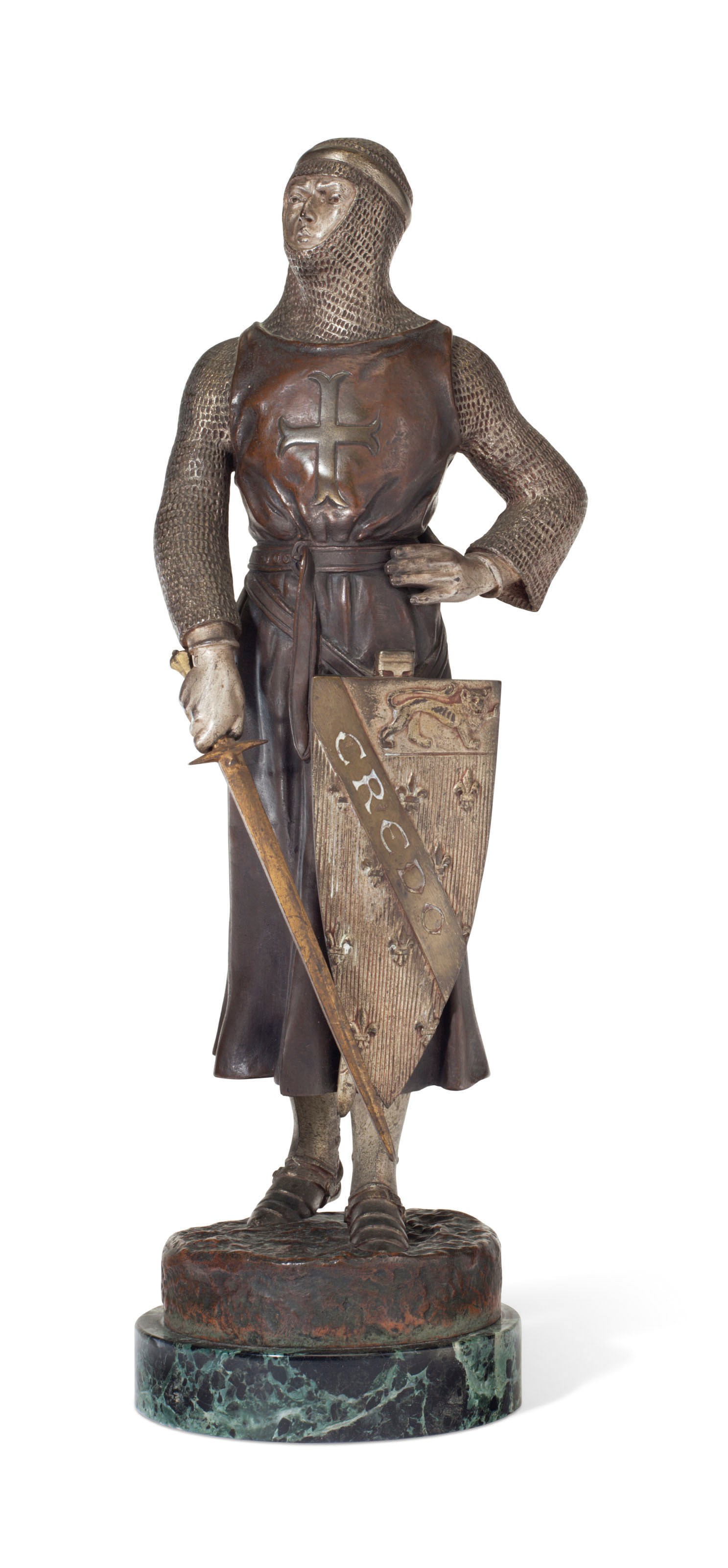 A FRENCH PATINATED AND SILVERED BRONZE FIGURE OF A CRUSADER