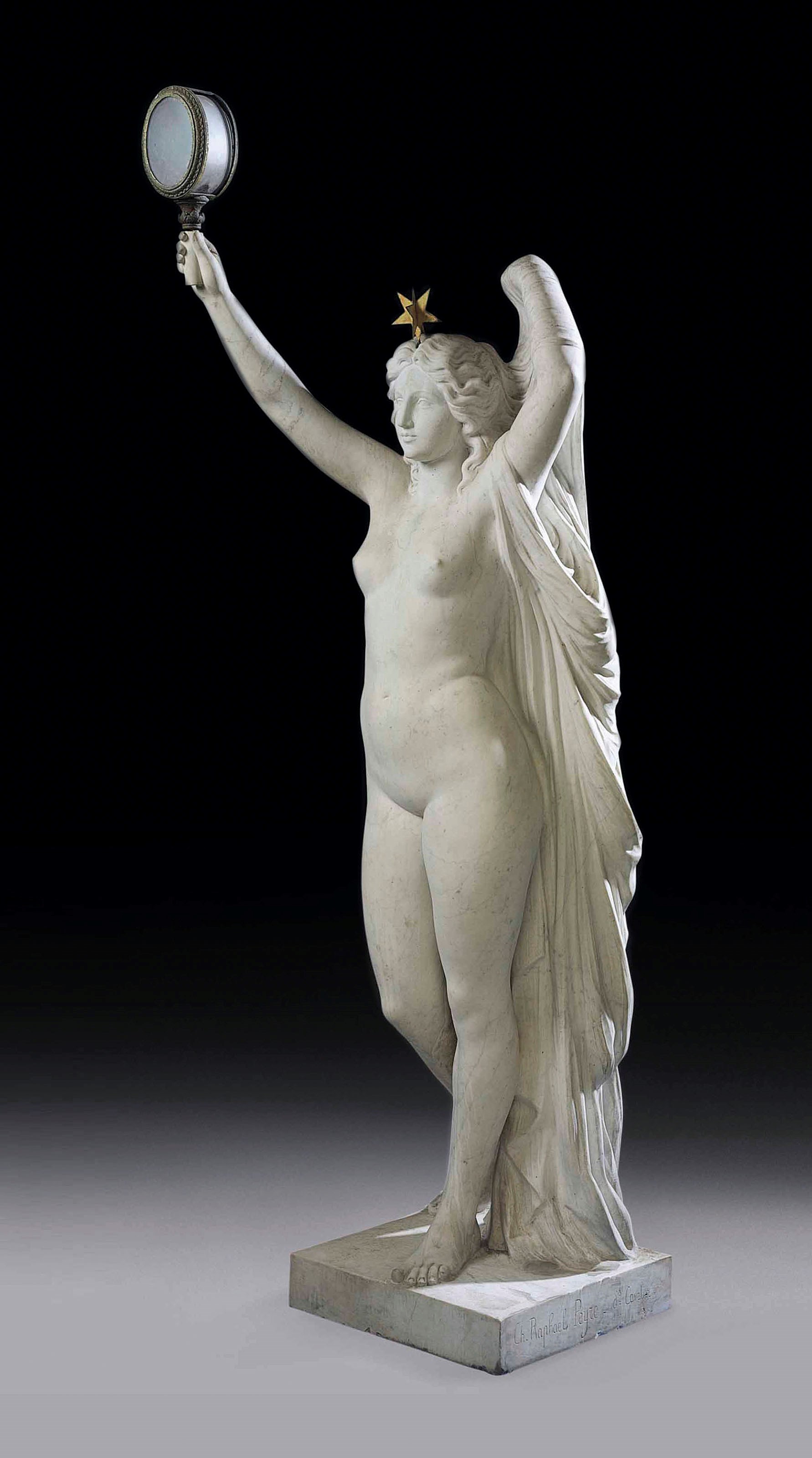 A LIFE-SIZE FRENCH MARBLE FIGURAL TORCHERE
