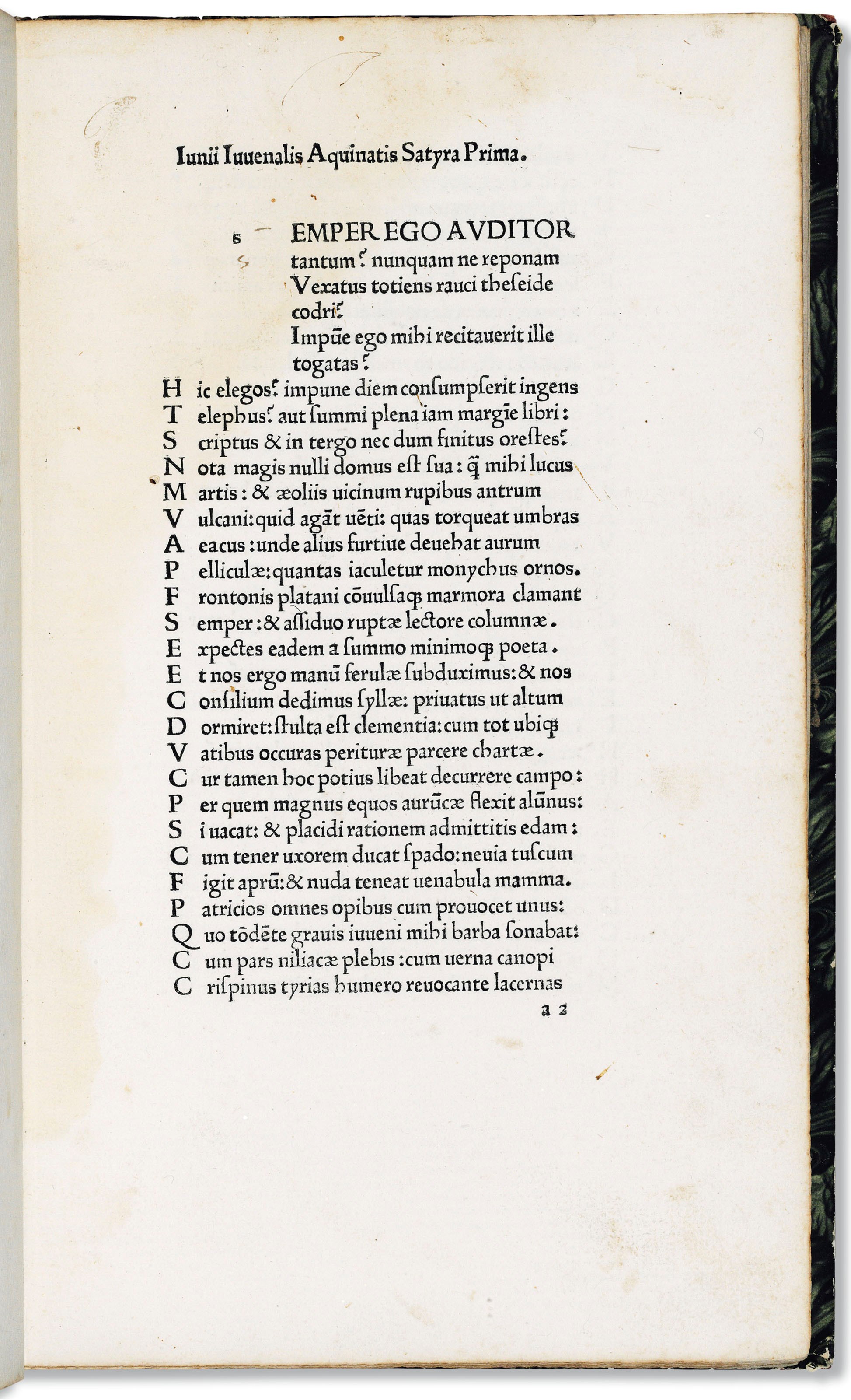 JUVENAL (fl. early 2nd century). Satyrae. Edited by Marcus Antonius Sabellicus. [Venice: Printer of Duns Scotus Quaestiones, after 1472.]