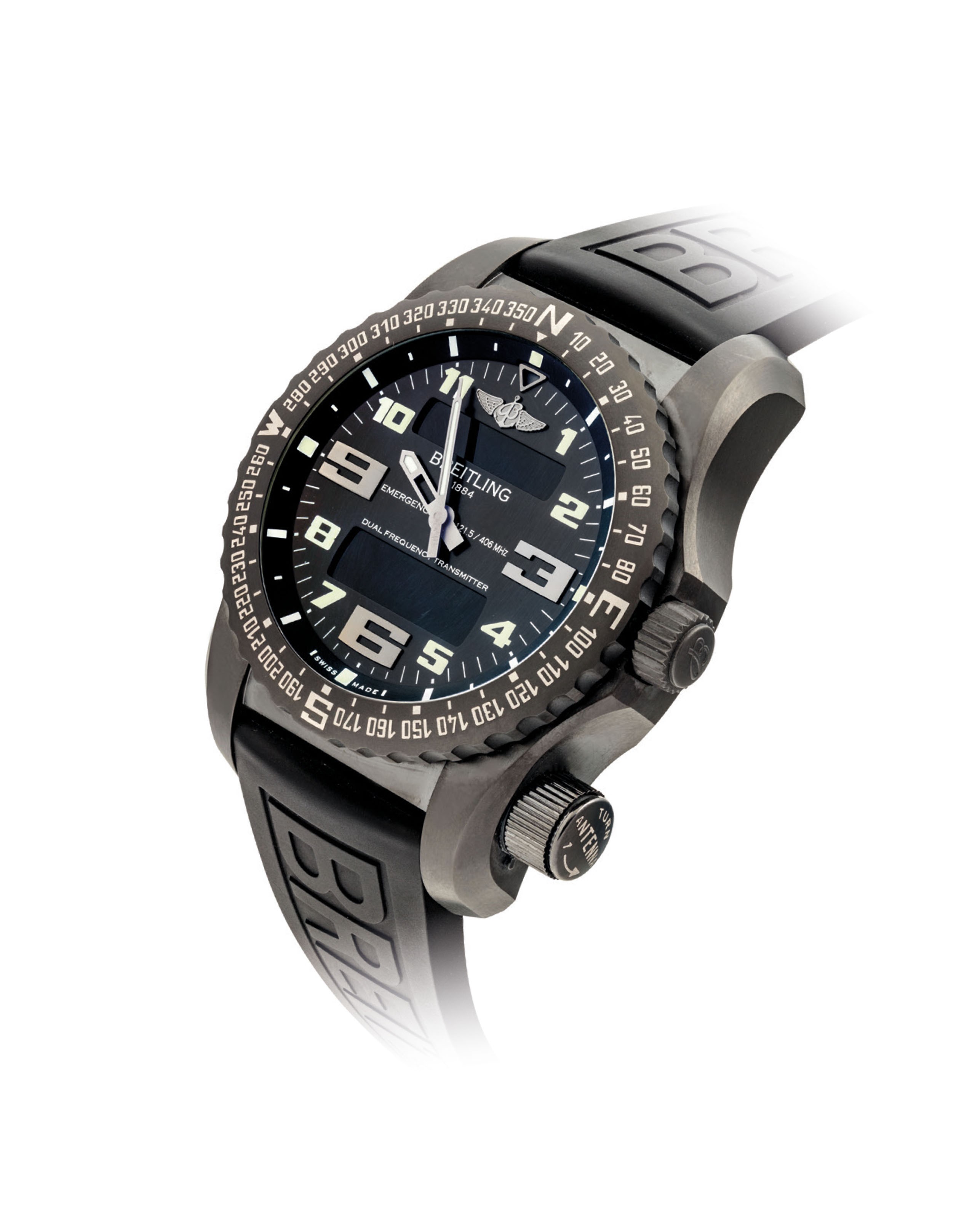 BREITLING. A BLACK TITANIUM MULTI-FUNCTIONAL WRISTWATCH WITH EMERGENCY TRANSMITTER, ALARM, CHRONOGRAPH, COUNTDOWN TIMER, SECOND TIME ZONE, DAY AND DATE