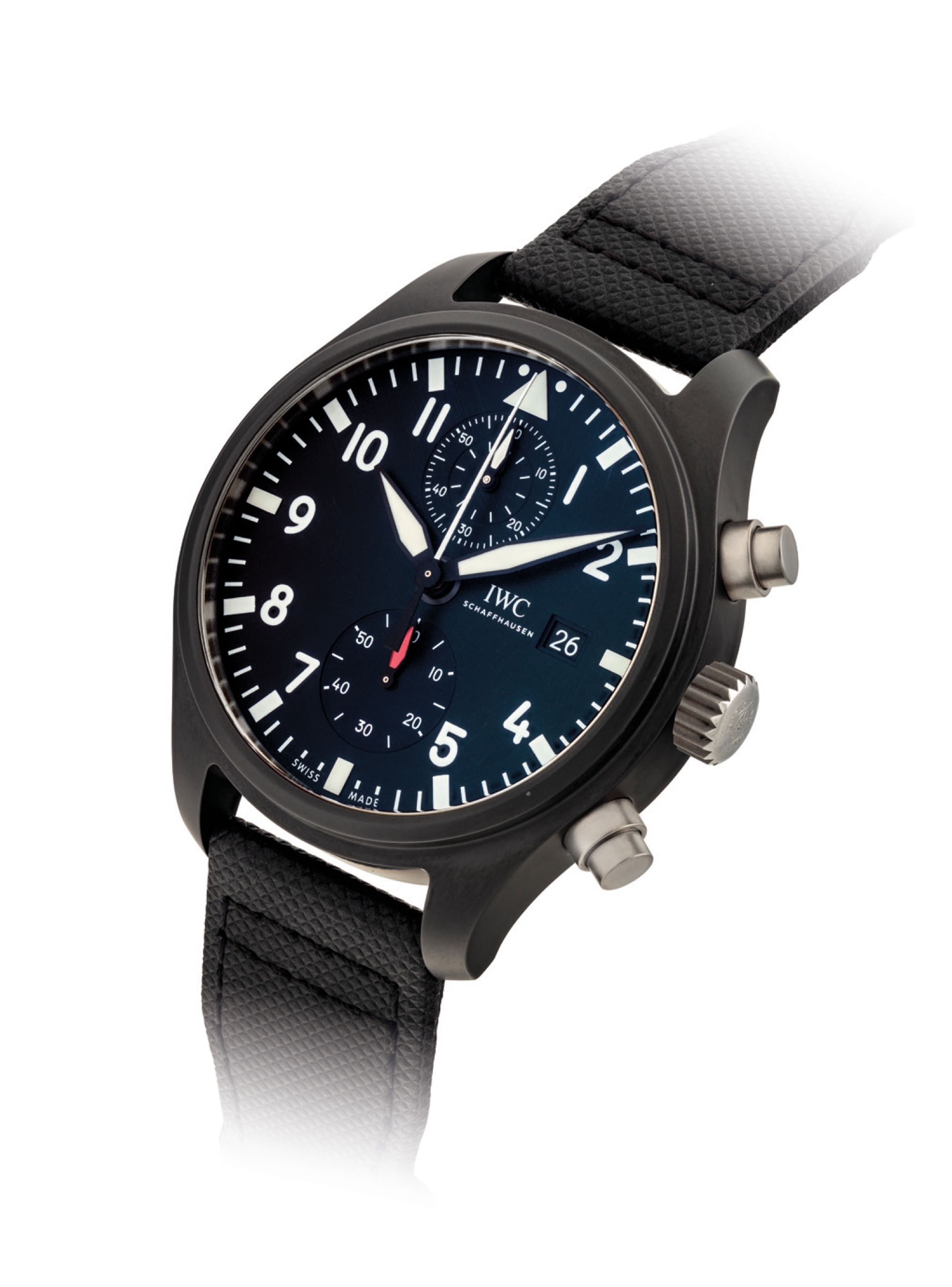 IWC. A BLACK CERAMIC AUTOMATIC FLYBACK CHRONOGRAPH WRISTWATCH WITH DATE
