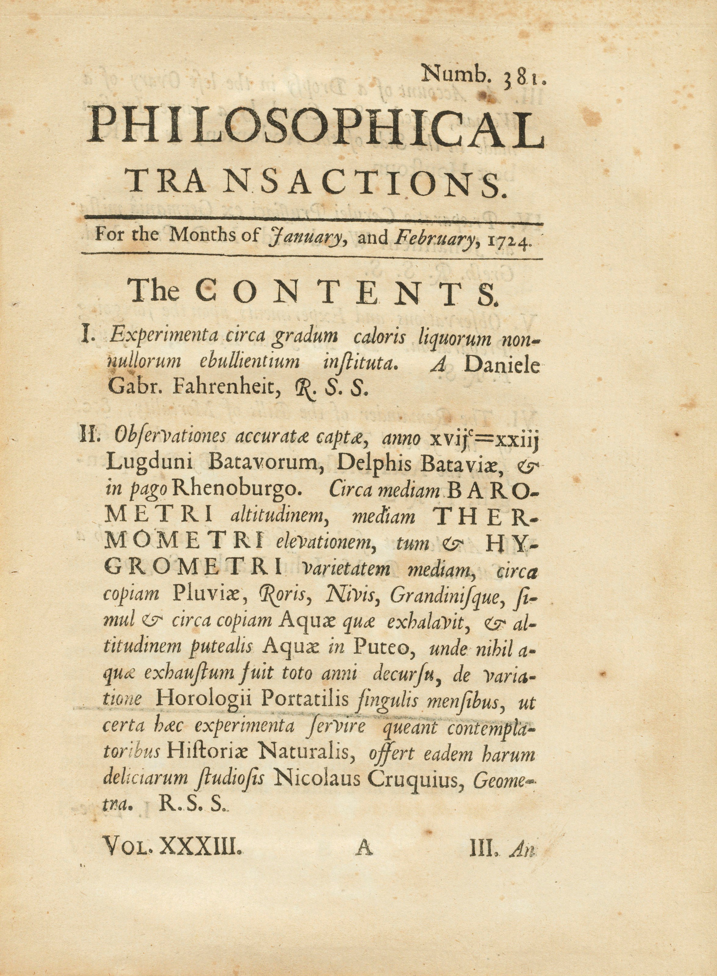FAHRENHEIT, Daniel Gabriel (1686-1736). 'Experimenta circa gradum caloris.' Extract from: Philosophical Transactions. Vol. XXXIII, no. 381, pp. 1-3. [London: Printed for W. and J. Innys, 1724].