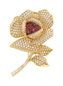 DIAMOND, COLORED DIAMOND, SAPPHIRE AND RUBY FLOWER BROOCH