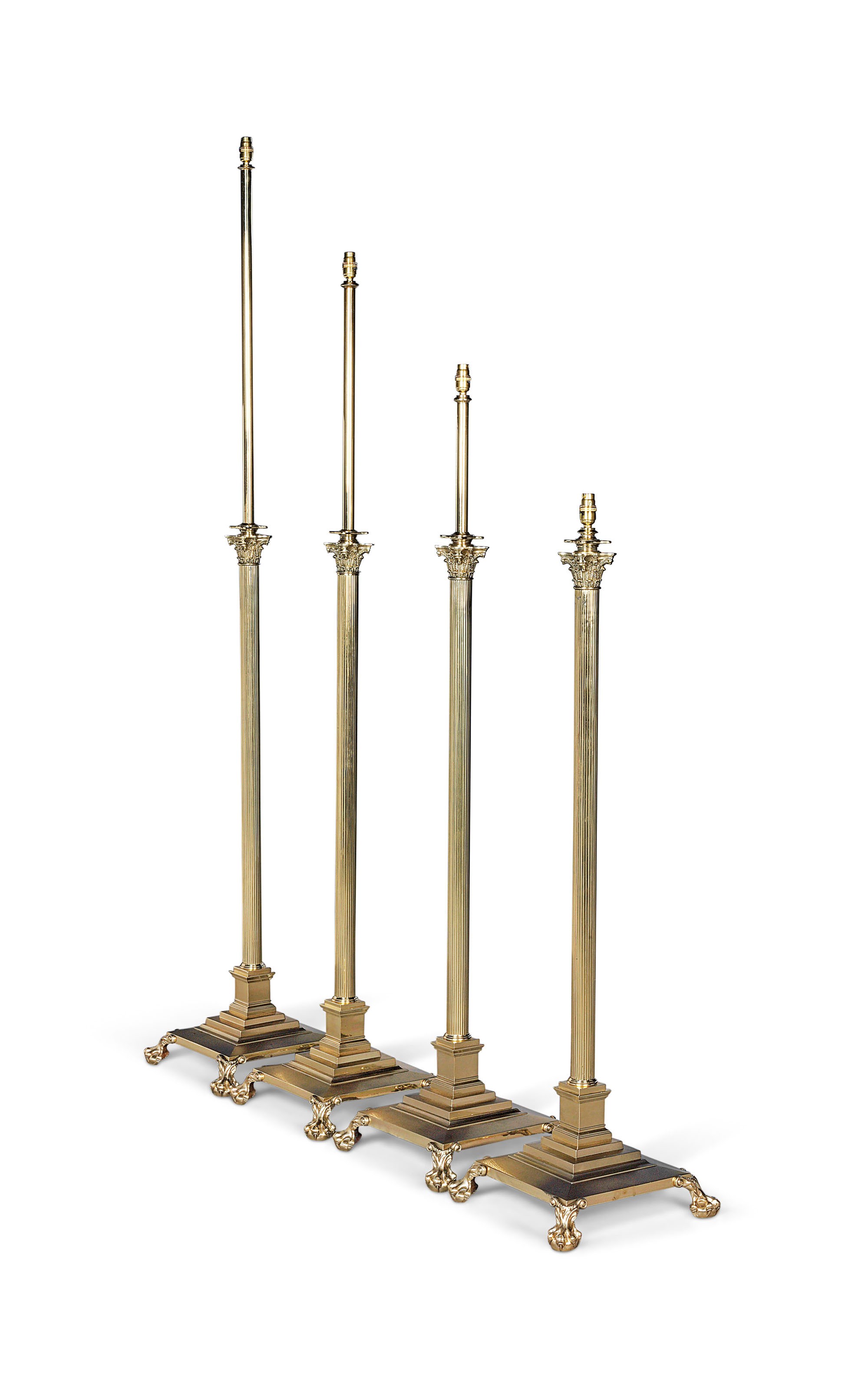 FOUR BRASS CORINTHIAN COLUMN ADJUSTABLE STANDARD LAMPS