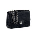 A SHINY BLACK ALLIGATOR JUMBO SINGLE FLAP WITH SILVER HARDWARE