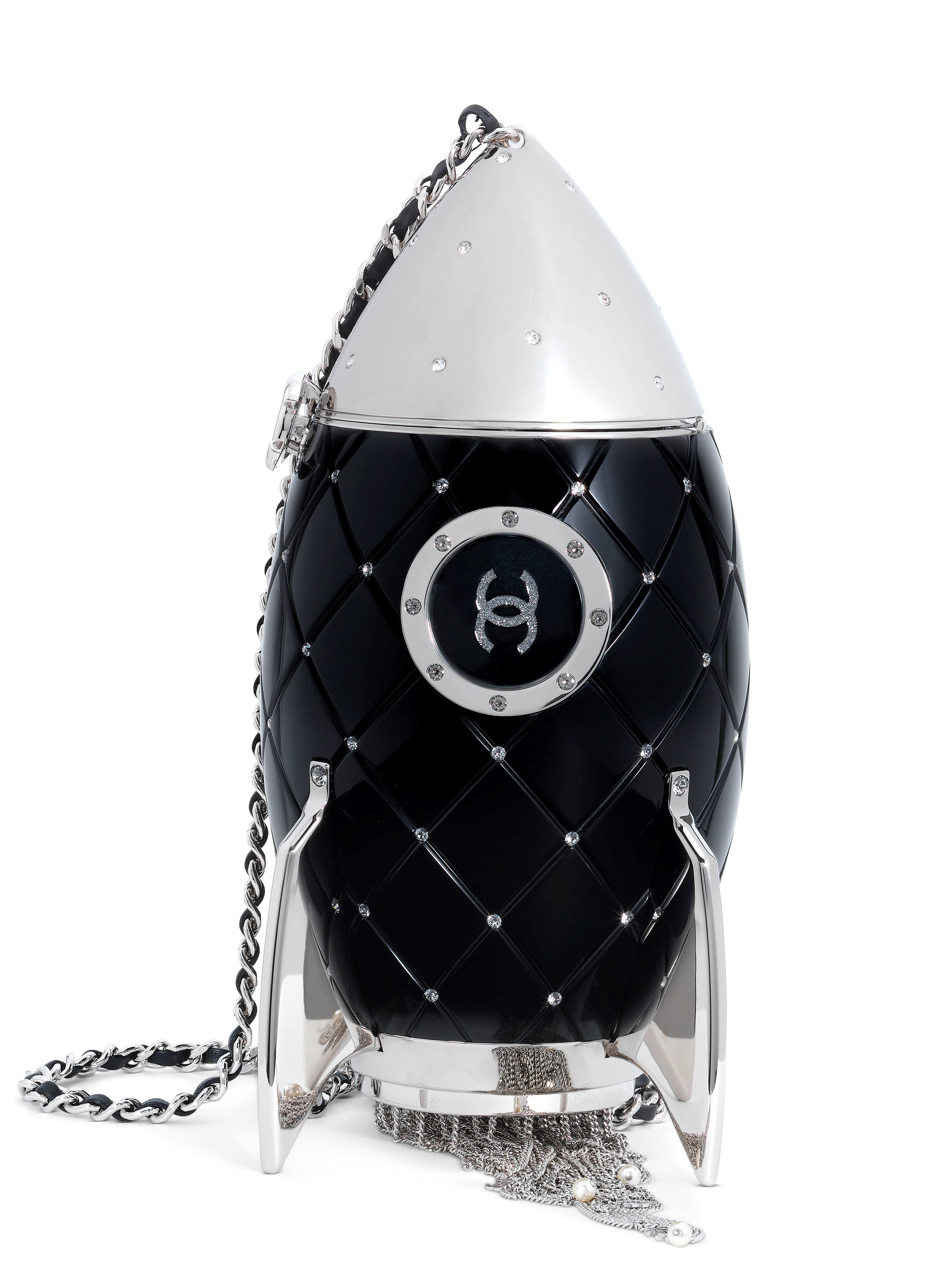 A FALL/WINTER RUNWAY BLACK LUCITE & CRYSTAL ROCKET SHIP EVENING BAG